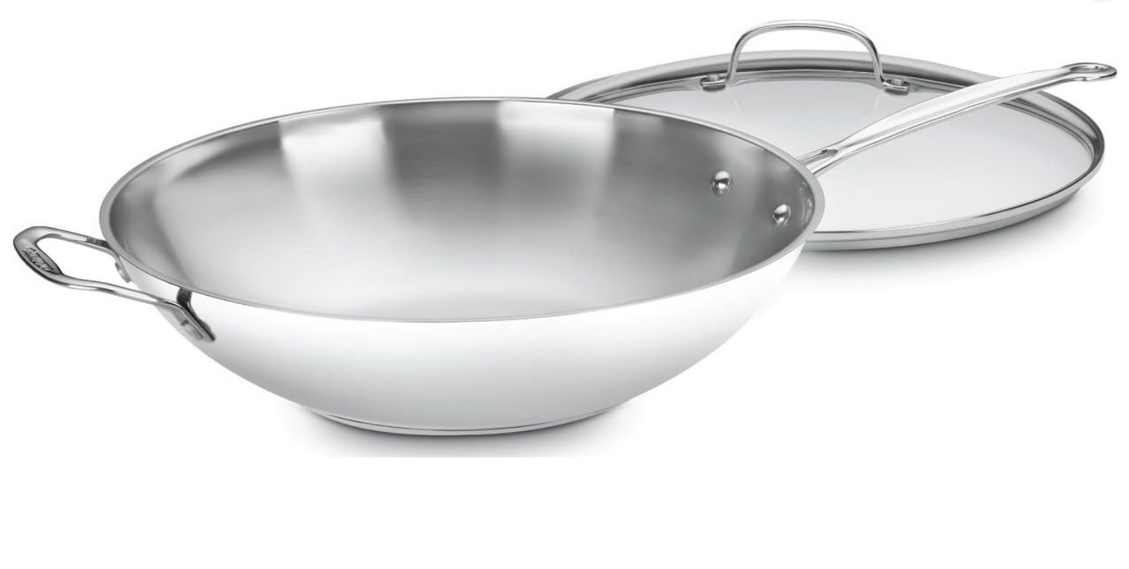 A set of stainless steel cookware with a deep frying pan, a lid, and a flat skillet, all with long handles.