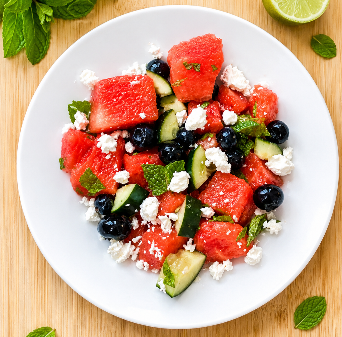 This watermelon, blueberry, and cucumber salad with mint is a refreshing summer side dish made with fresh fruit, lime juice, and feta cheese.