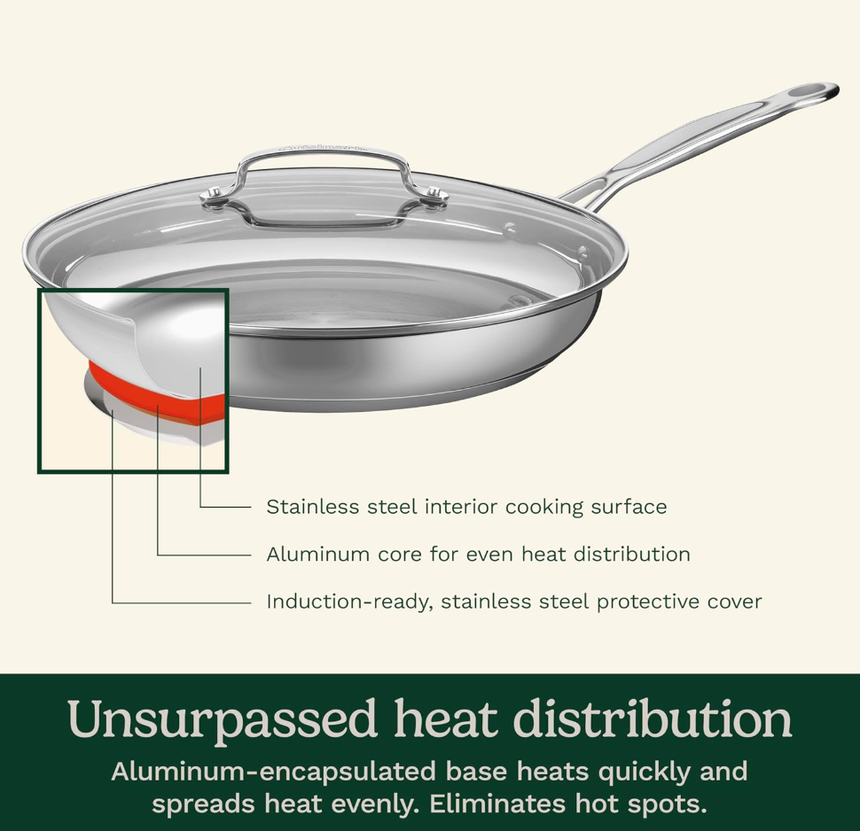 Diagram of a stainless steel frying pan with labeled layers: stainless steel interior surface, aluminum core, and stainless steel protective cover. The image emphasizes heat distribution technology with text highlighting its features.