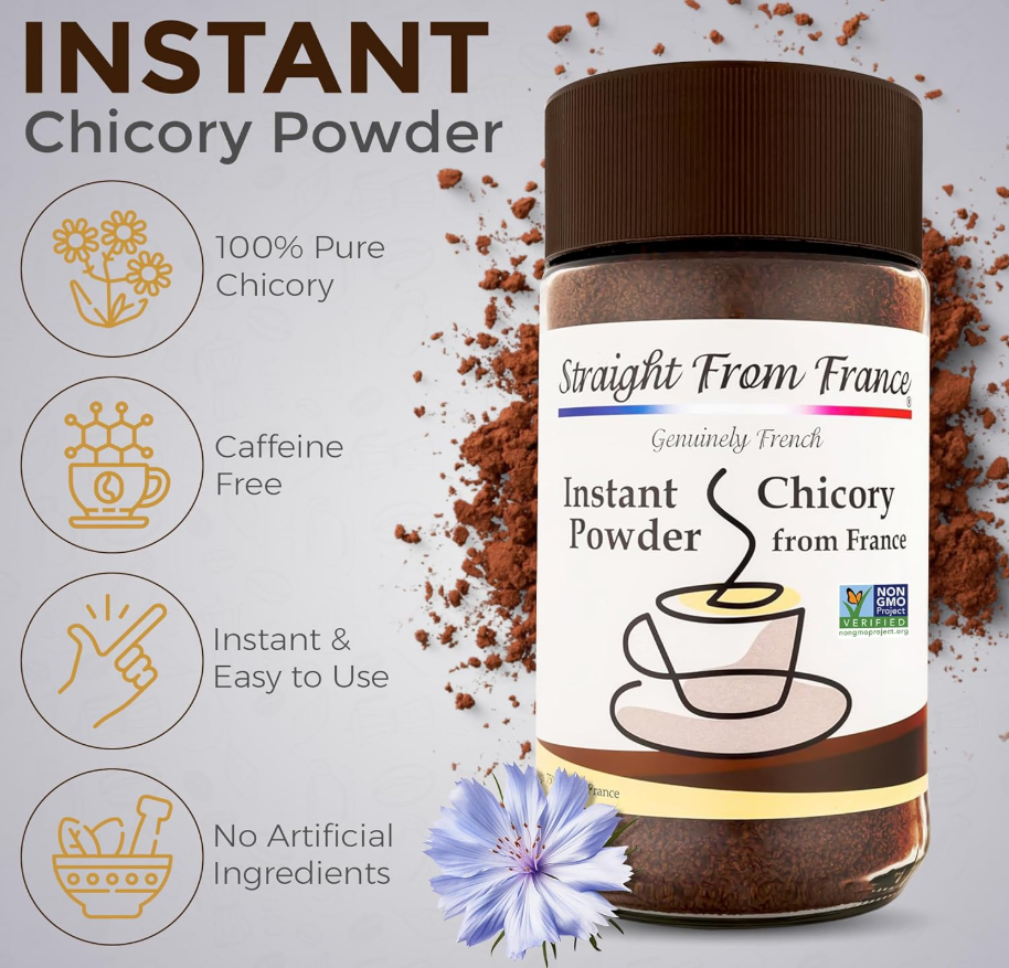 A jar of instant chicory powder with packaging indicating it is straight from France, 100% pure chicory, caffeine-free, and easy to use. The label also mentions non-GMO verification. The background shows spilled powder and an illustration of a steaming cup. Additionally, there is a blue flower at the bottom left corner.