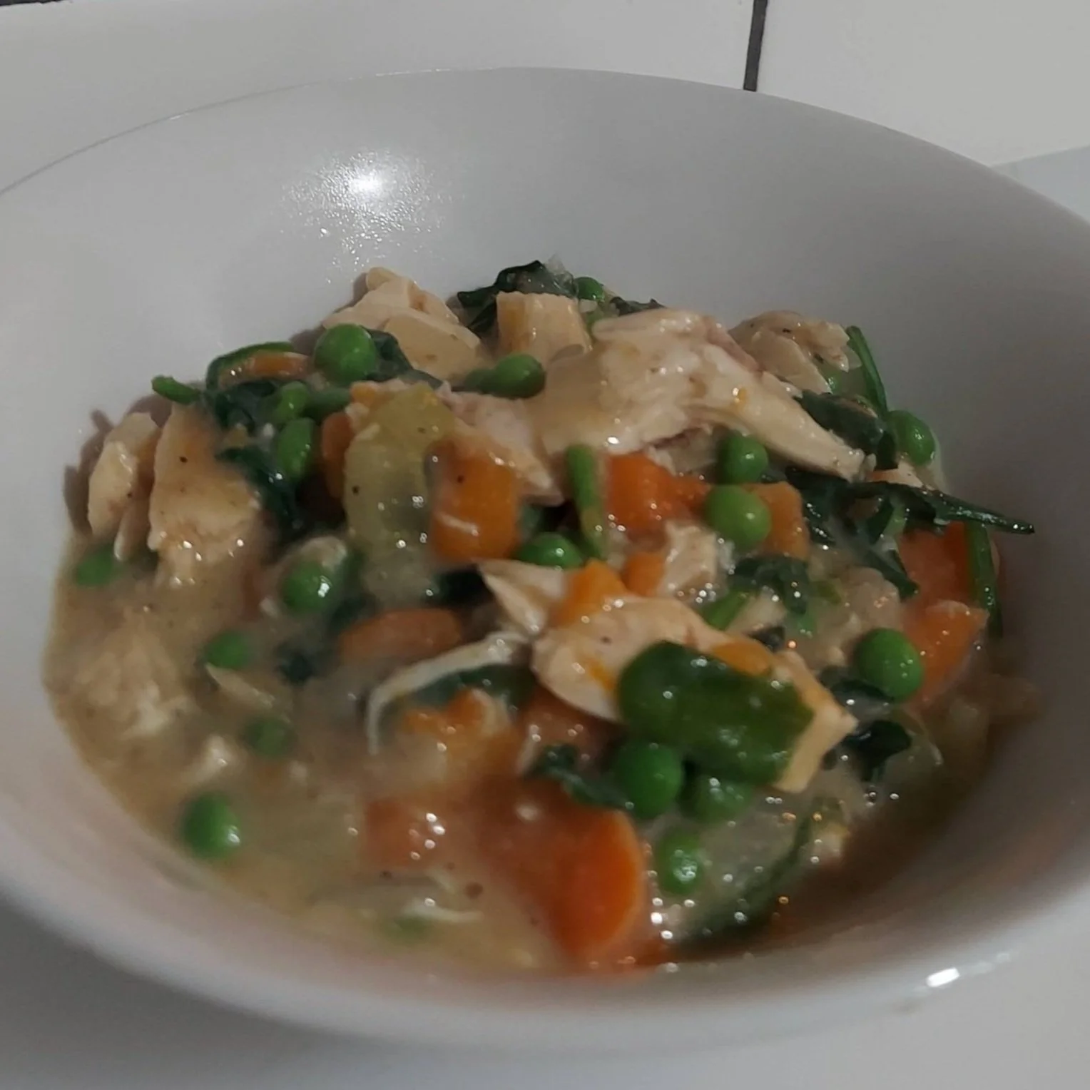 Crustless Chicken Pot Pie in White Bowl