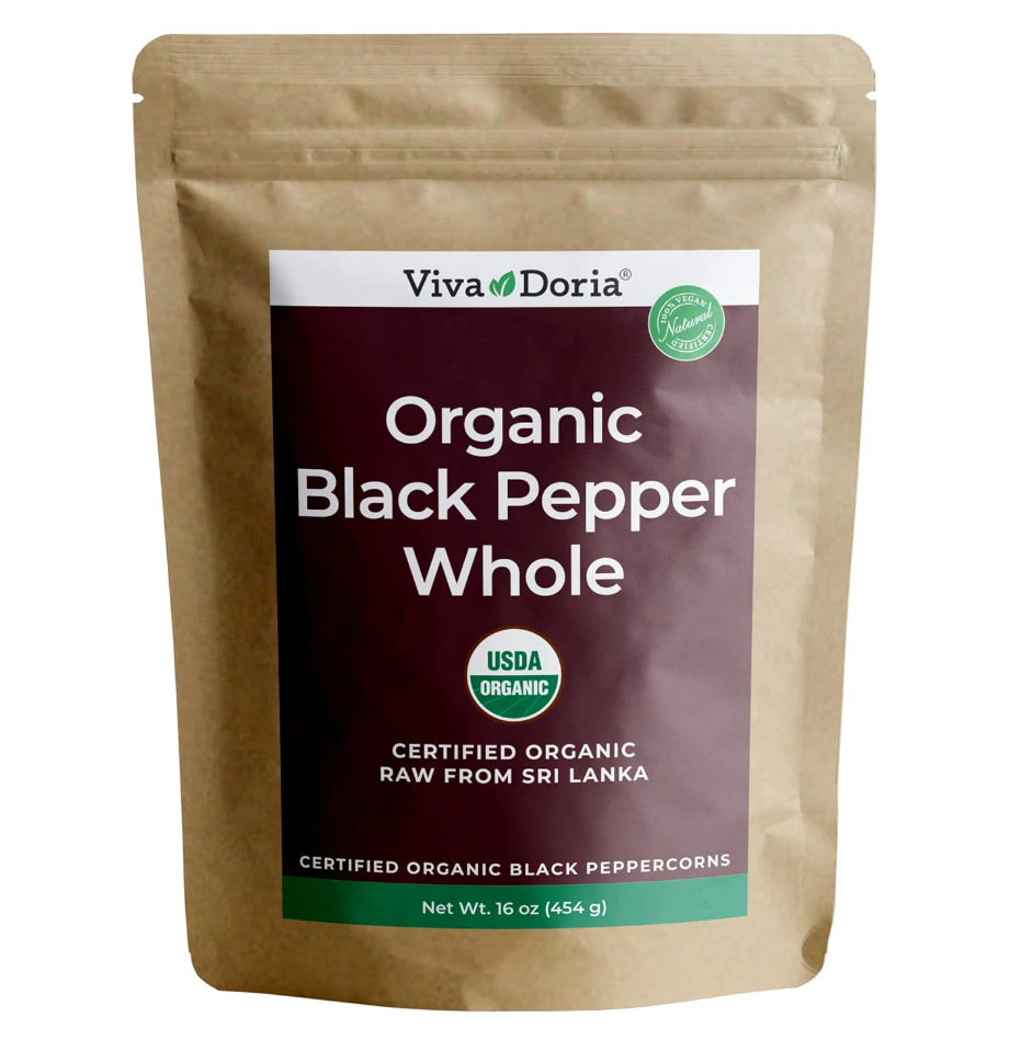 A brown resealable pouch of Viva Doria organic whole black pepper, USDA organic, raw from Sri Lanka, net weight 16 ounces.