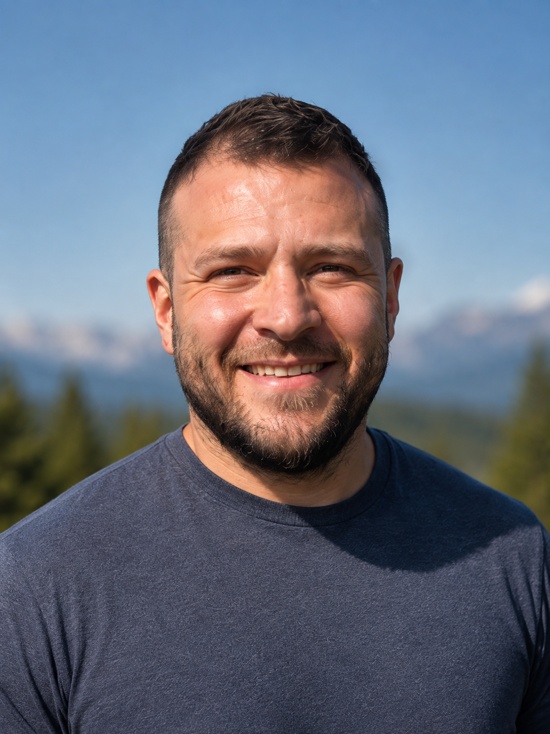 Professional headshot of Brendan Daly, owner and operator of TGB Flooring, in front of a mountainous background.
