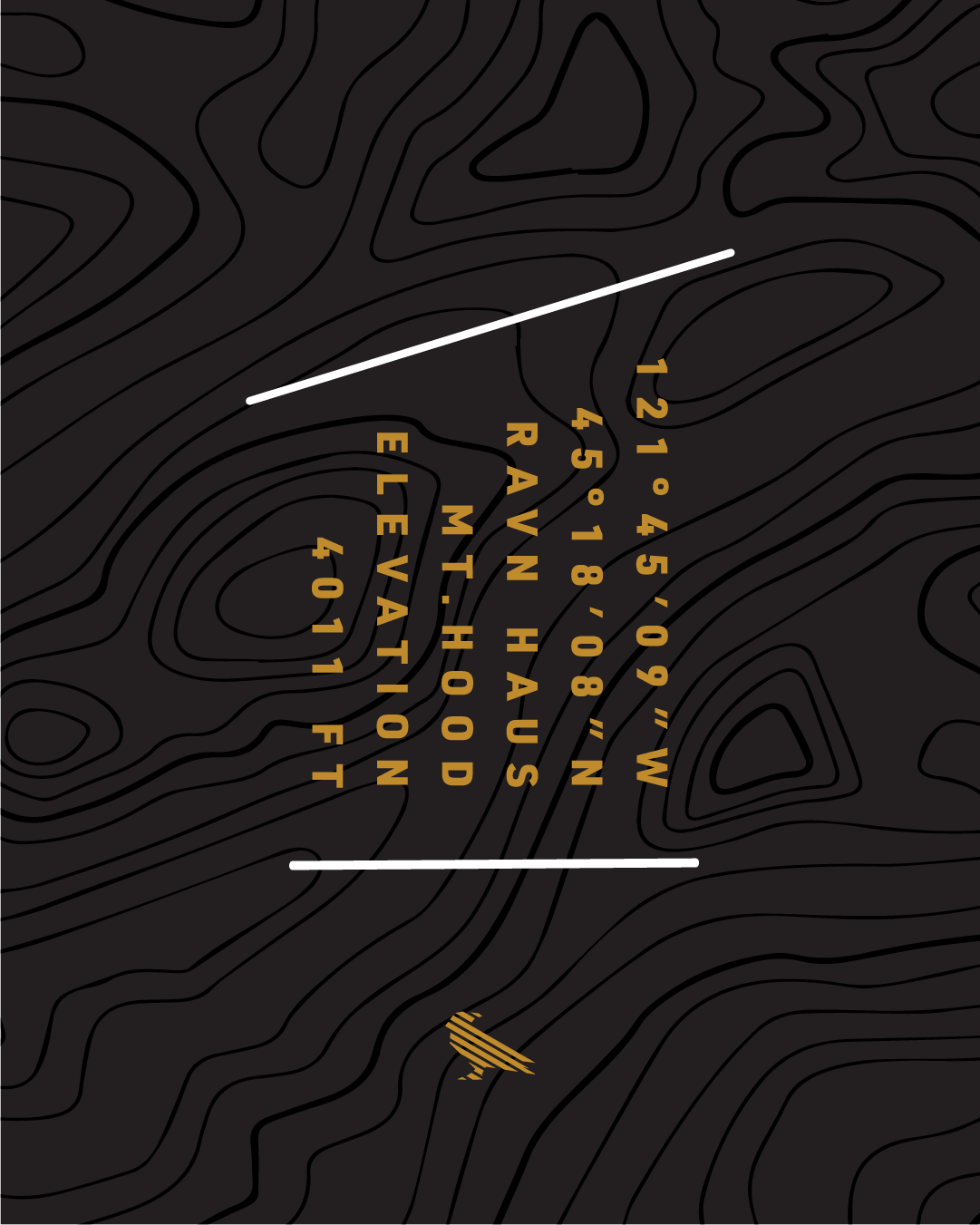 RAVN HAUS Mt. Hood elevation graphic showing topographic map, GPS coordinates 45°18'08"N 121°45'09"W, and 4,011 ft elevation for this alpine vacation rental in Government Camp, Oregon.