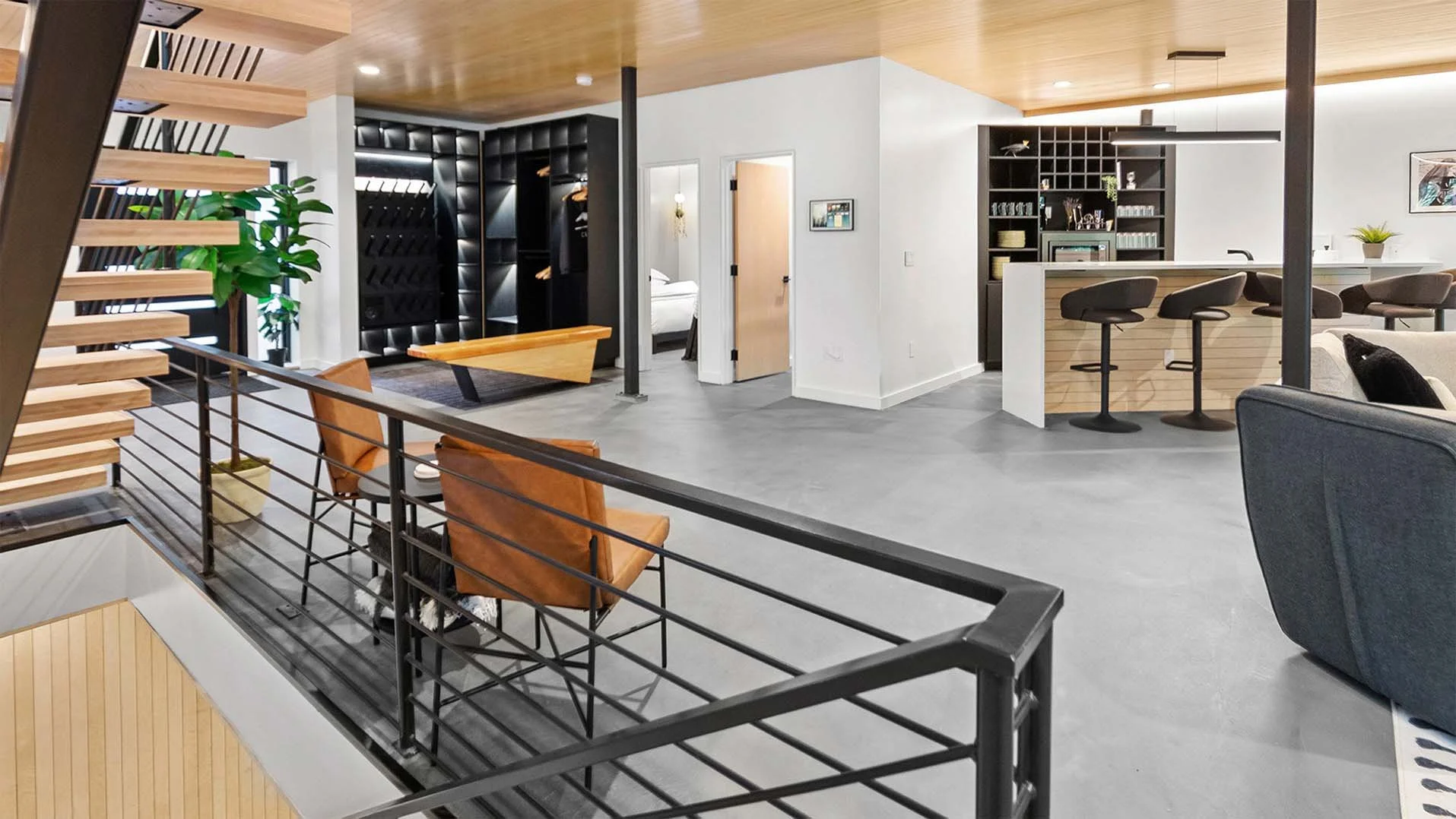 RAVN HAUS vacation rental Understory level showing Approach Studio and Après Lounge wet bar on Mt. Hood, Oregon.