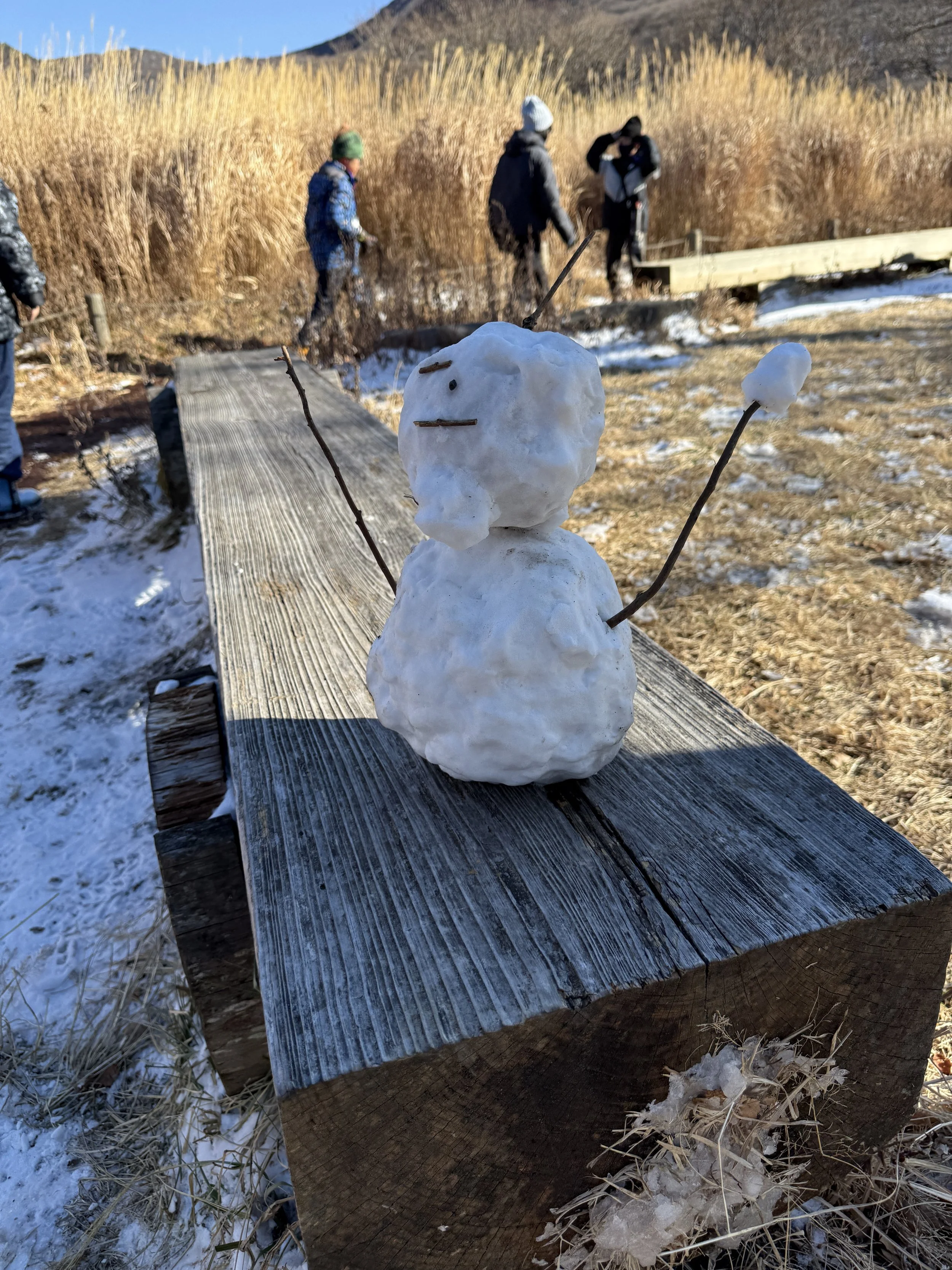 雪だるまの顔と羽根のような手を木の棒で作った雪だるまが、木のベンチの上に置かれている。背後には数人の人が山の中を歩いている風景が見える。