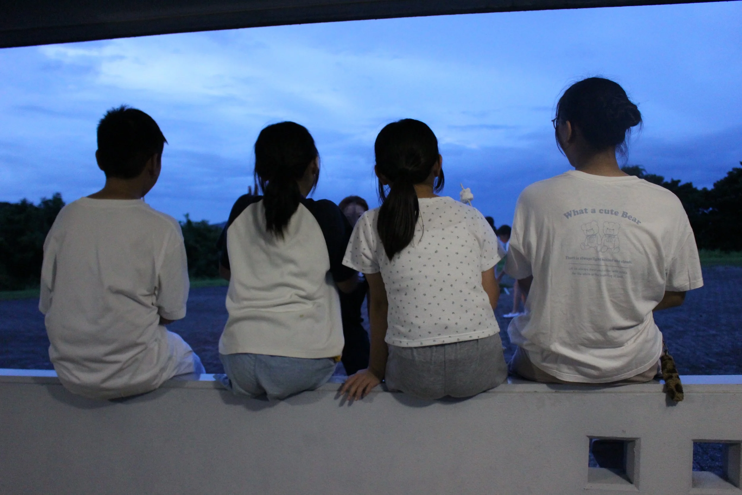 4人の若者が夕暮れの屋外に座って景色を眺めている写真