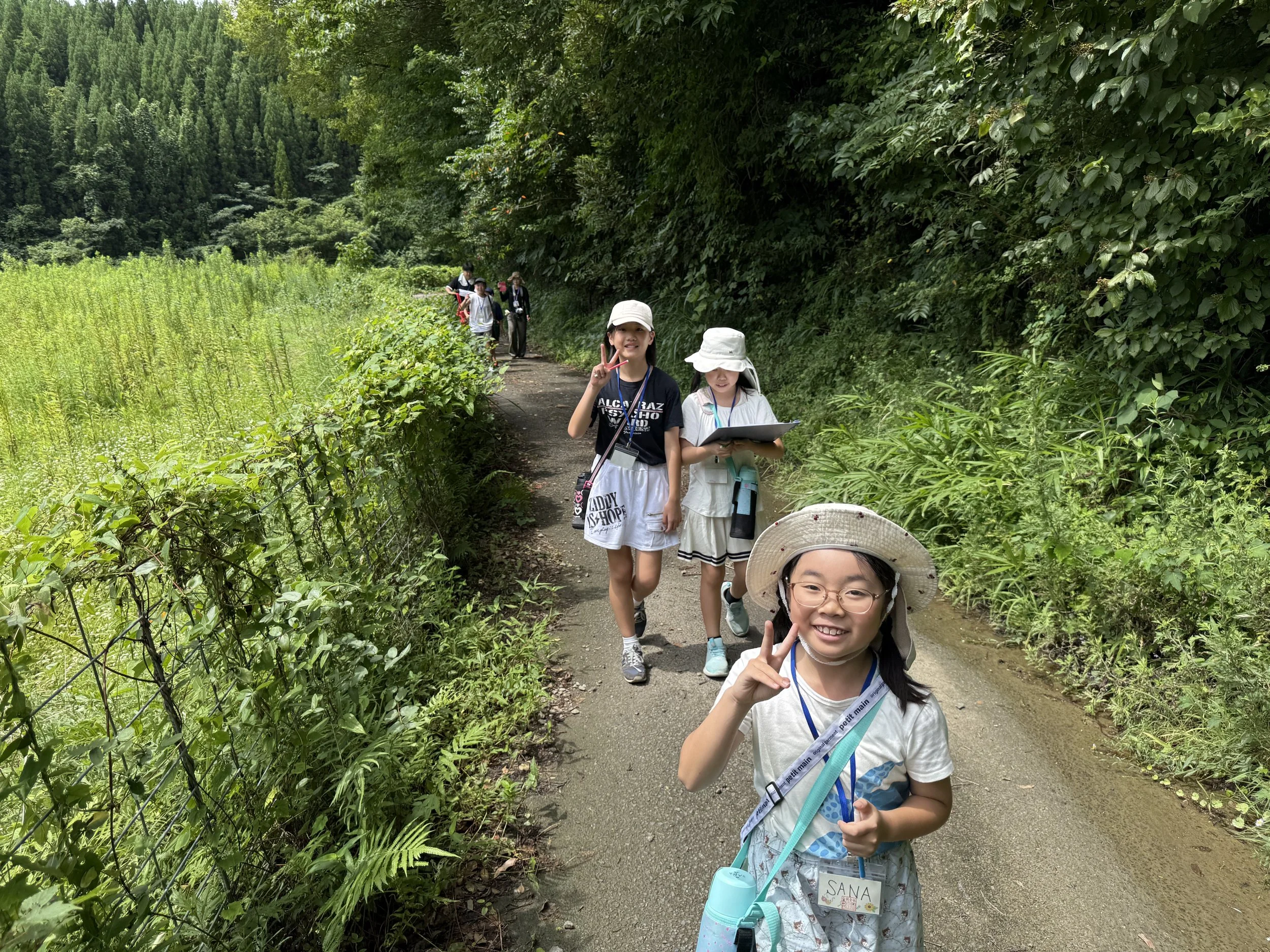 自然の中の散策路を歩く子供たちのグループ