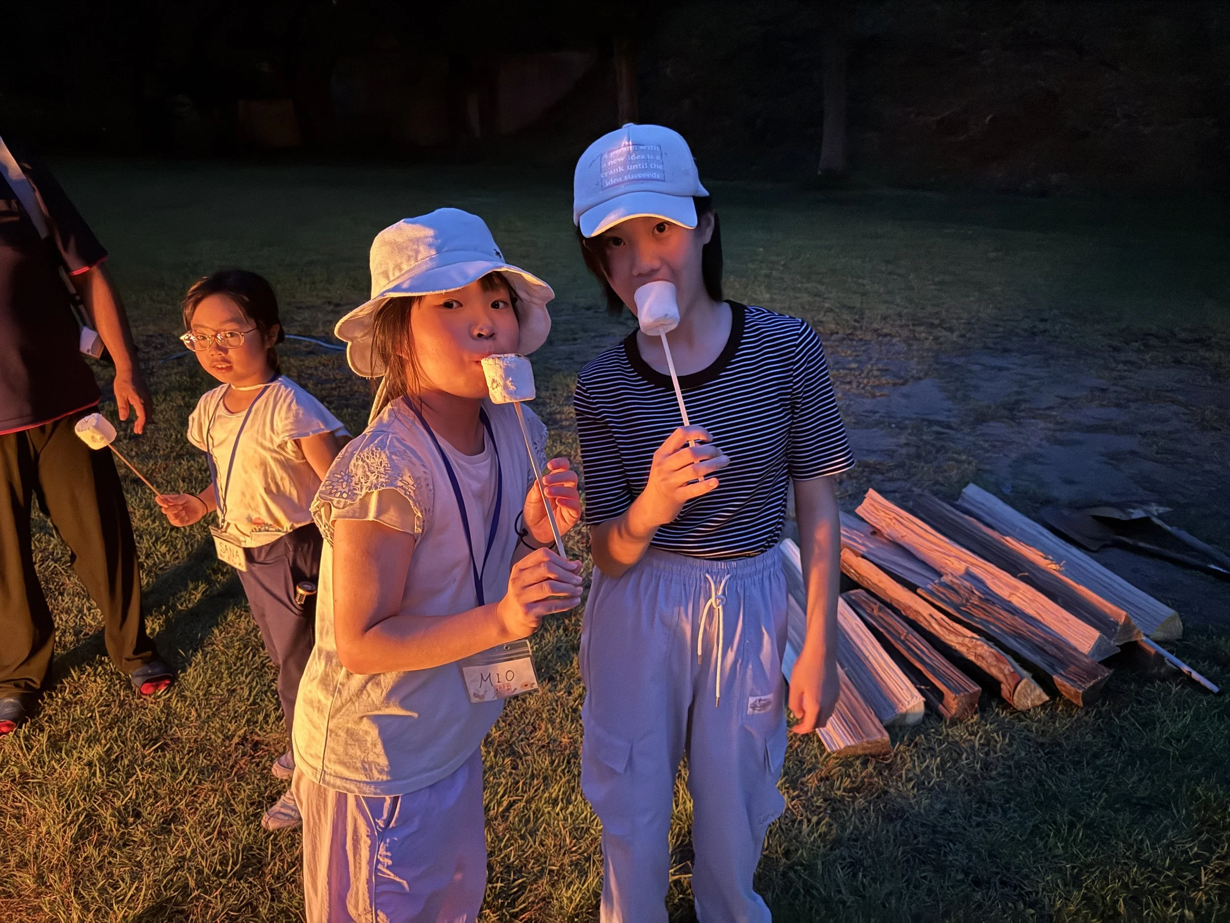 夜に焚き火を囲んでアイスキャンディーを食べる子供たちと大人たちのグループ