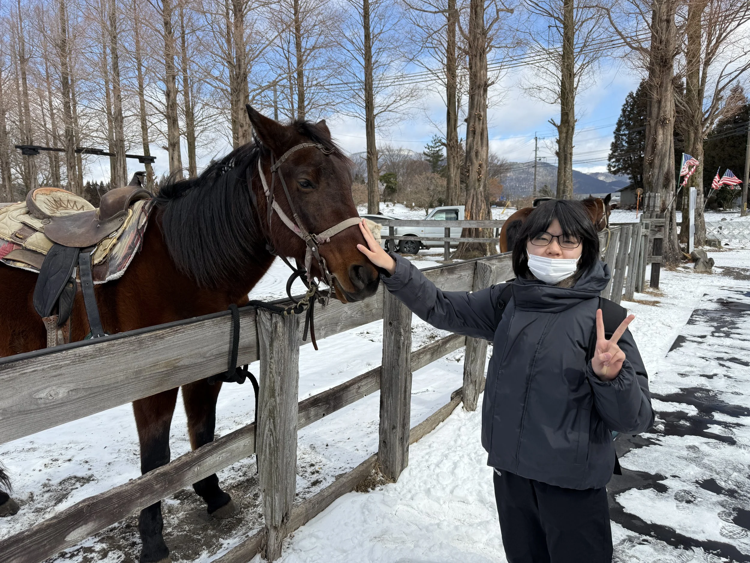 雪の中、フェンス越しに馬と女性が触れ合っている。女性はマスクと眼鏡を着用し、ピースサインをしている。背景には木とアメリカ国旗が見える。」}