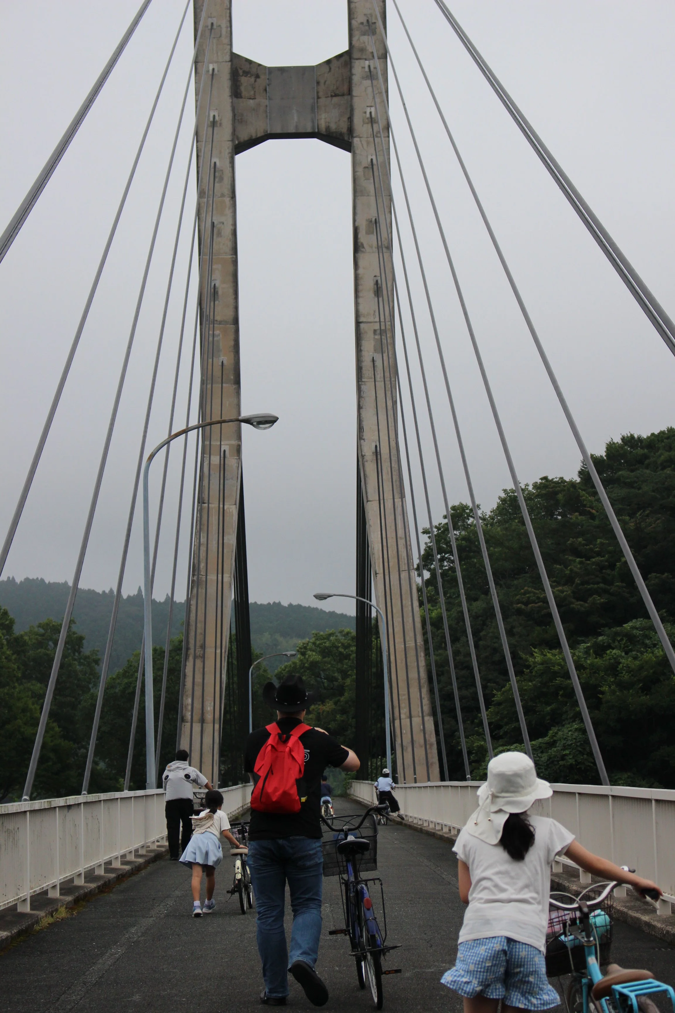 人々が橋の上を自転車と歩行しながら通過している風景。背景には緑の山々と曇り空が広がっている。