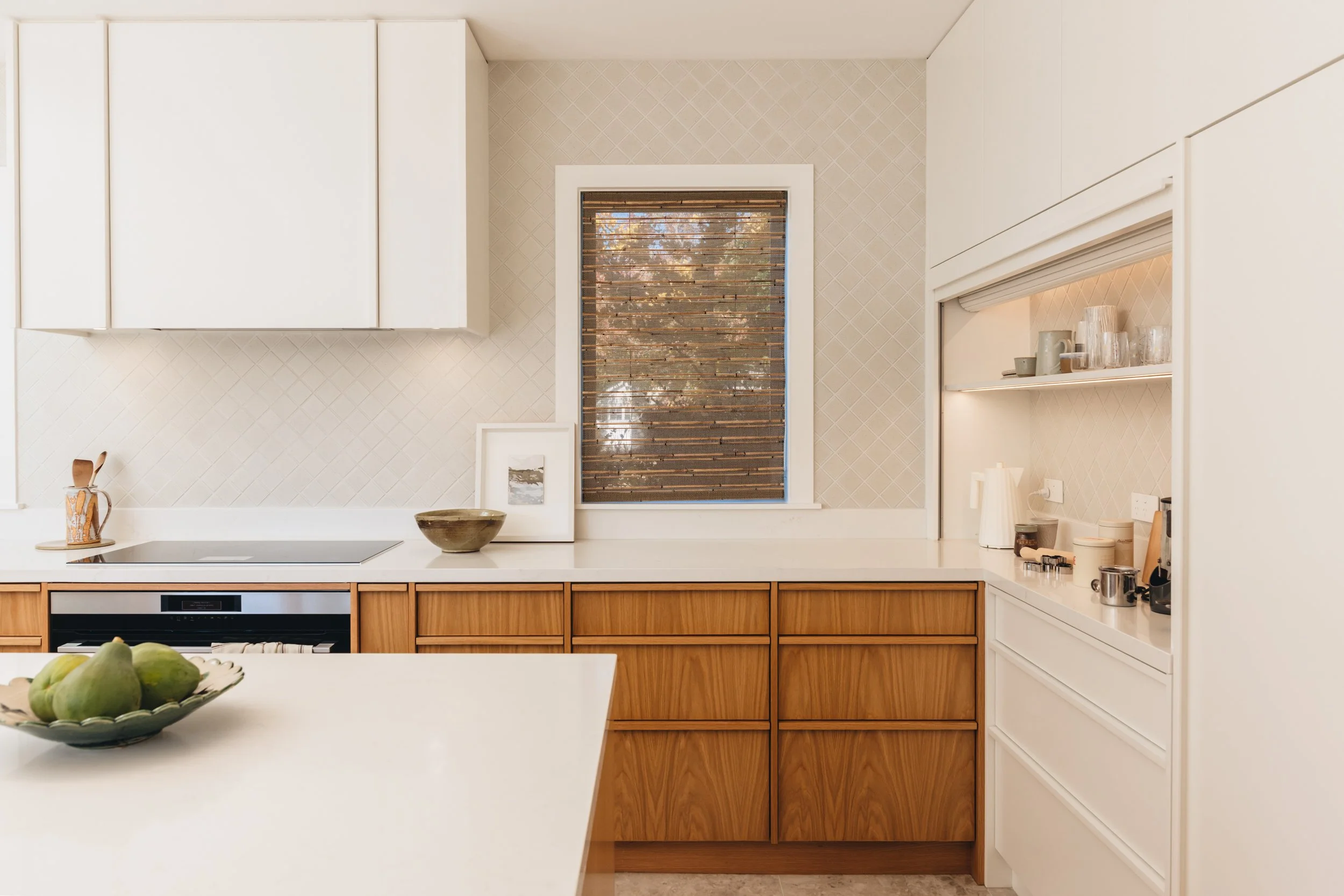 Warm family kitchen design NZ  with flexible storage - Honour Creative.