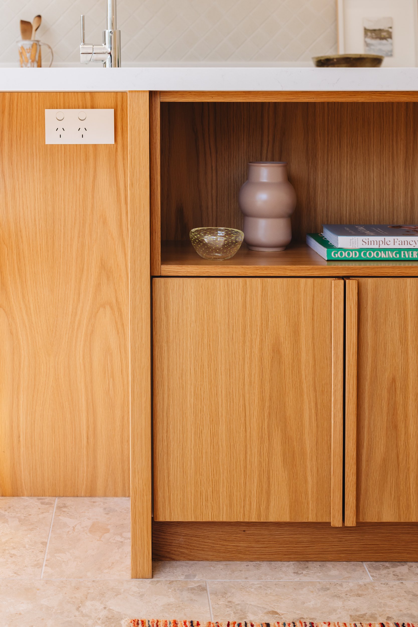 Warm family kitchen design NZ  with island storage - Honour Creative.