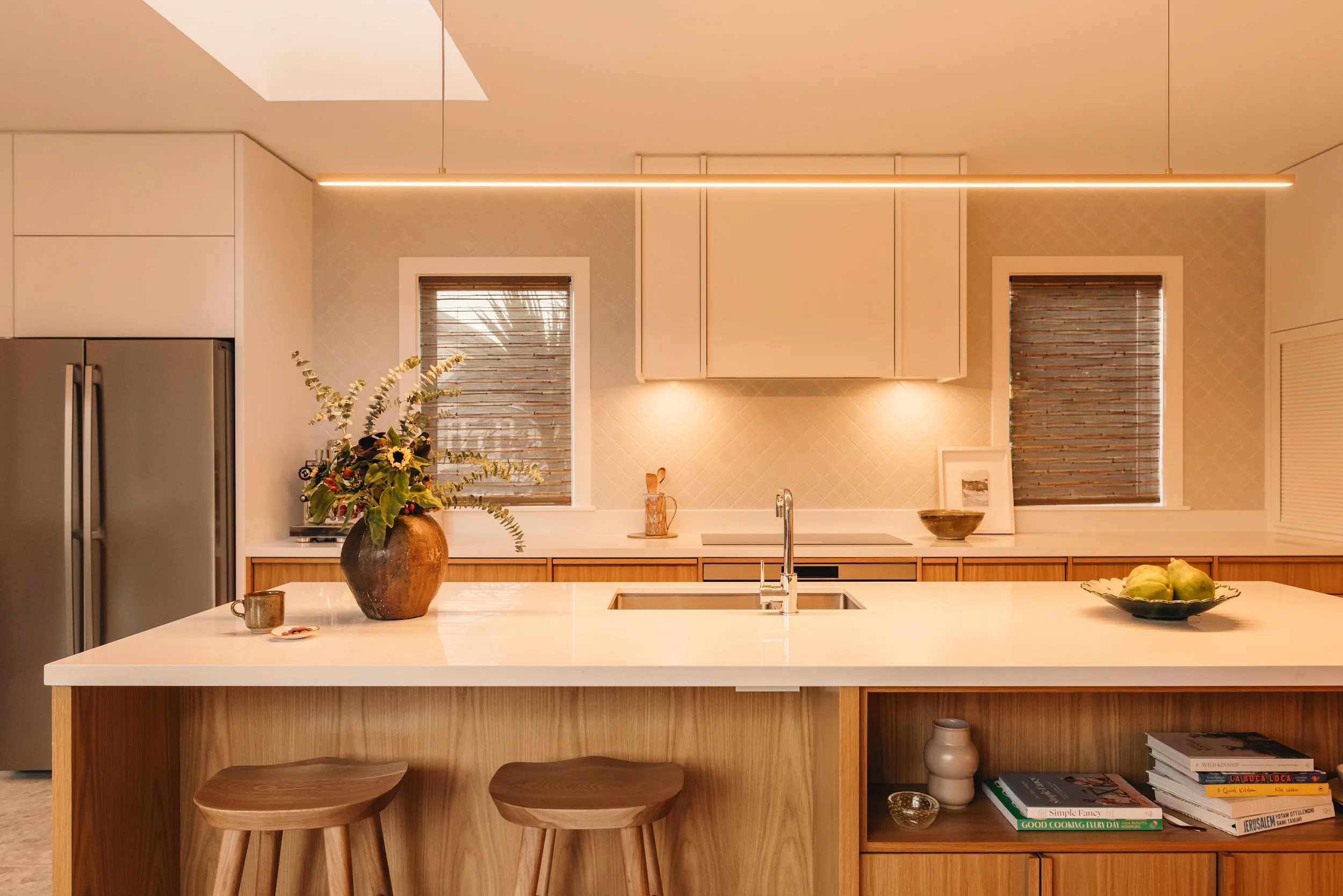 Warm family kitchen design NZ  Light design  - Honour Creative.