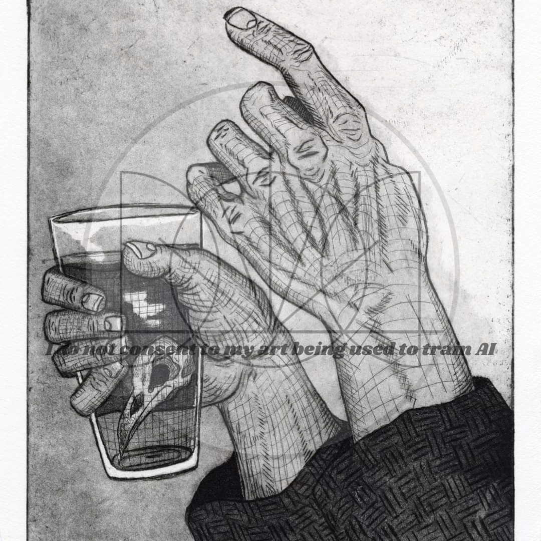 "Drinks at the Crow Bar (Second State, Aquatint, Black)"

Intaglio