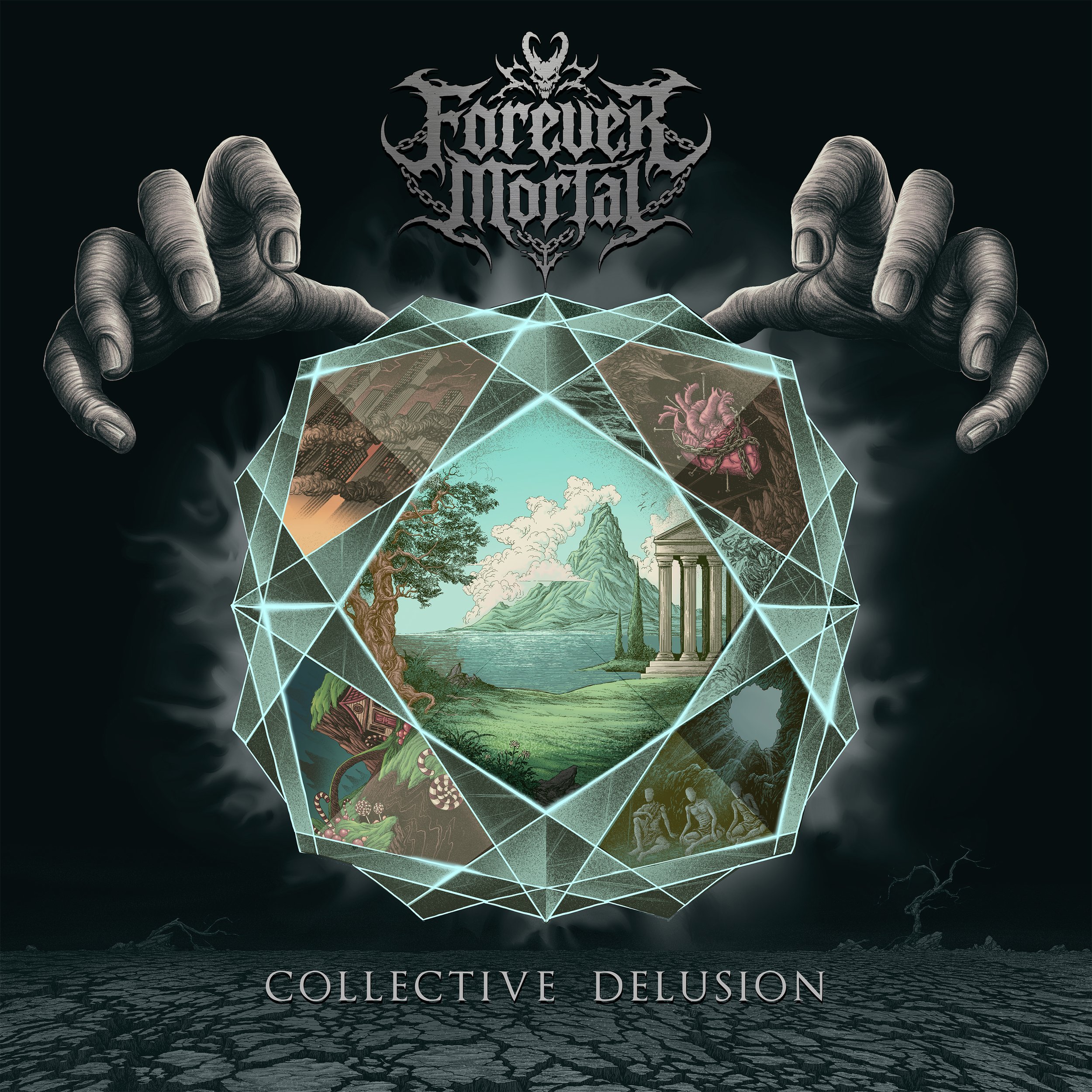 Illustration of hands manipulating a holographic cube with various landscapes and structures inside, with the text 'Collective Delusion' at the bottom.