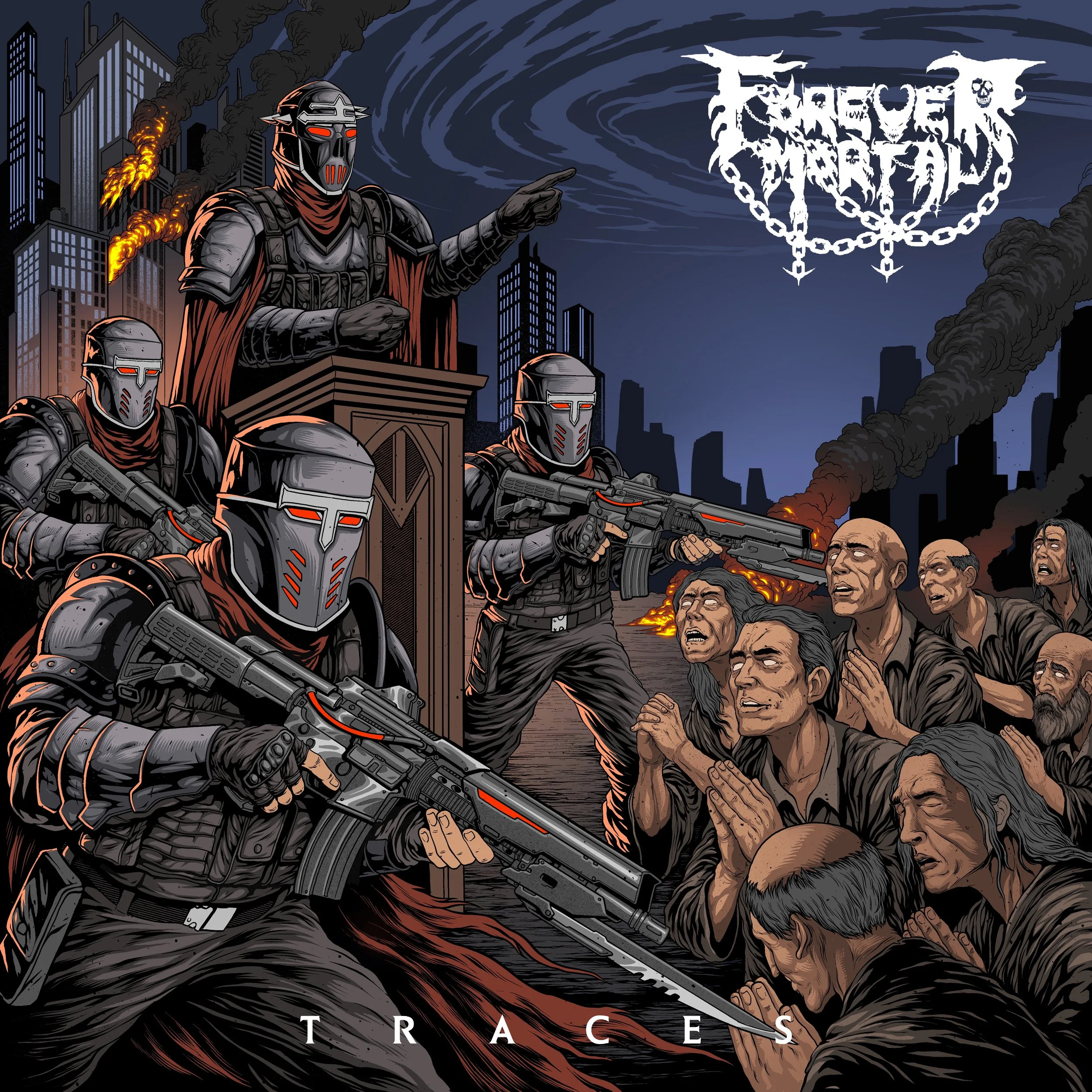 Album cover art for Forever Mortal's single 'Traces' featuring a dystopian scene with armed soldiers in futuristic armor and masks, some pointing guns at civilians. Behind this scene is a city skyline with fires and smoke rising.