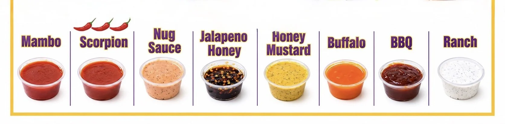 Image with 8 ramequins full of sauces and descriptions. Mambo, Scorpion, Bug sauce, Jalapeño Honey, Honey mustard, buffalo, BBQ, and ranch.