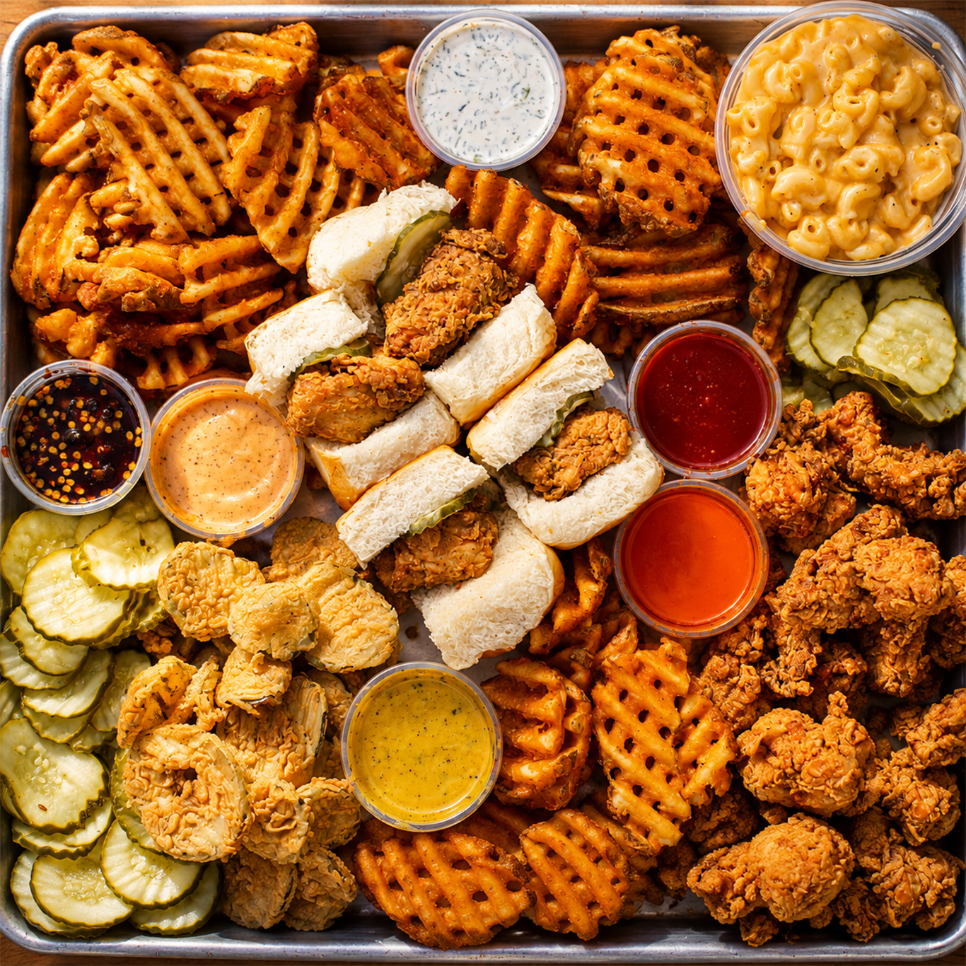 A silver tray, with waffle fries, nugtown sliders, plastic ramequins with sauce, pickle slices, and nugtown nuggets