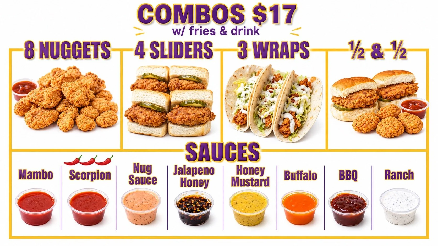 Image with title "combos $17" w/fries & drink. 8 nuggets with an image of nuggets and a ramequin with sauce, next to 4 chicken sliders with pickles, next to 3 chicken tortilla wraps, next to image of nuggets with sliders and ramequins with sauces.