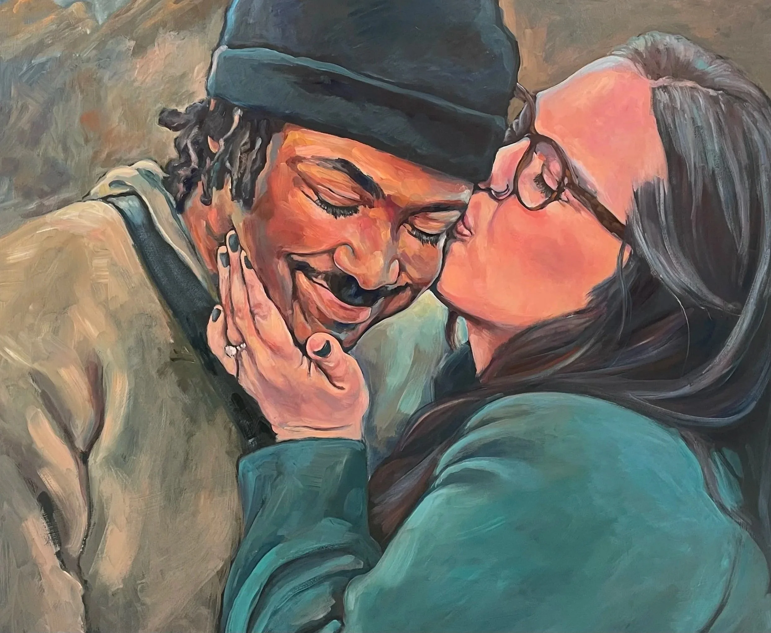 A painting of a woman with long gray hair and glasses kissing a man with dreadlocks, who is wearing a beanie, on the cheek in an embrace.
