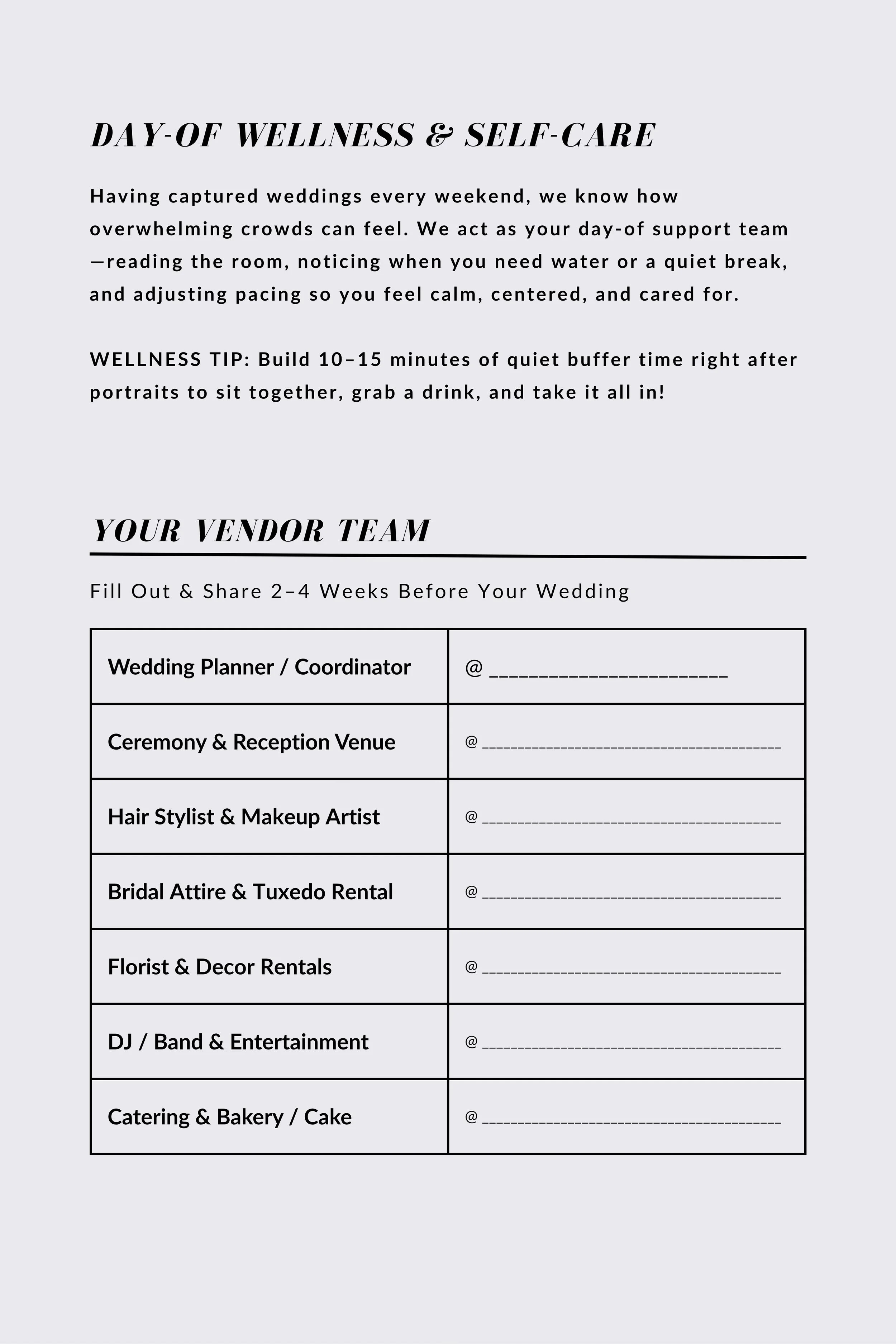 A wedding planning checklist form titled 'Day of Wellness & Self-Care' with sections for vendor contact information including wedding planner, venue, stylist, attire, and entertainment, among others, on a light gray background.