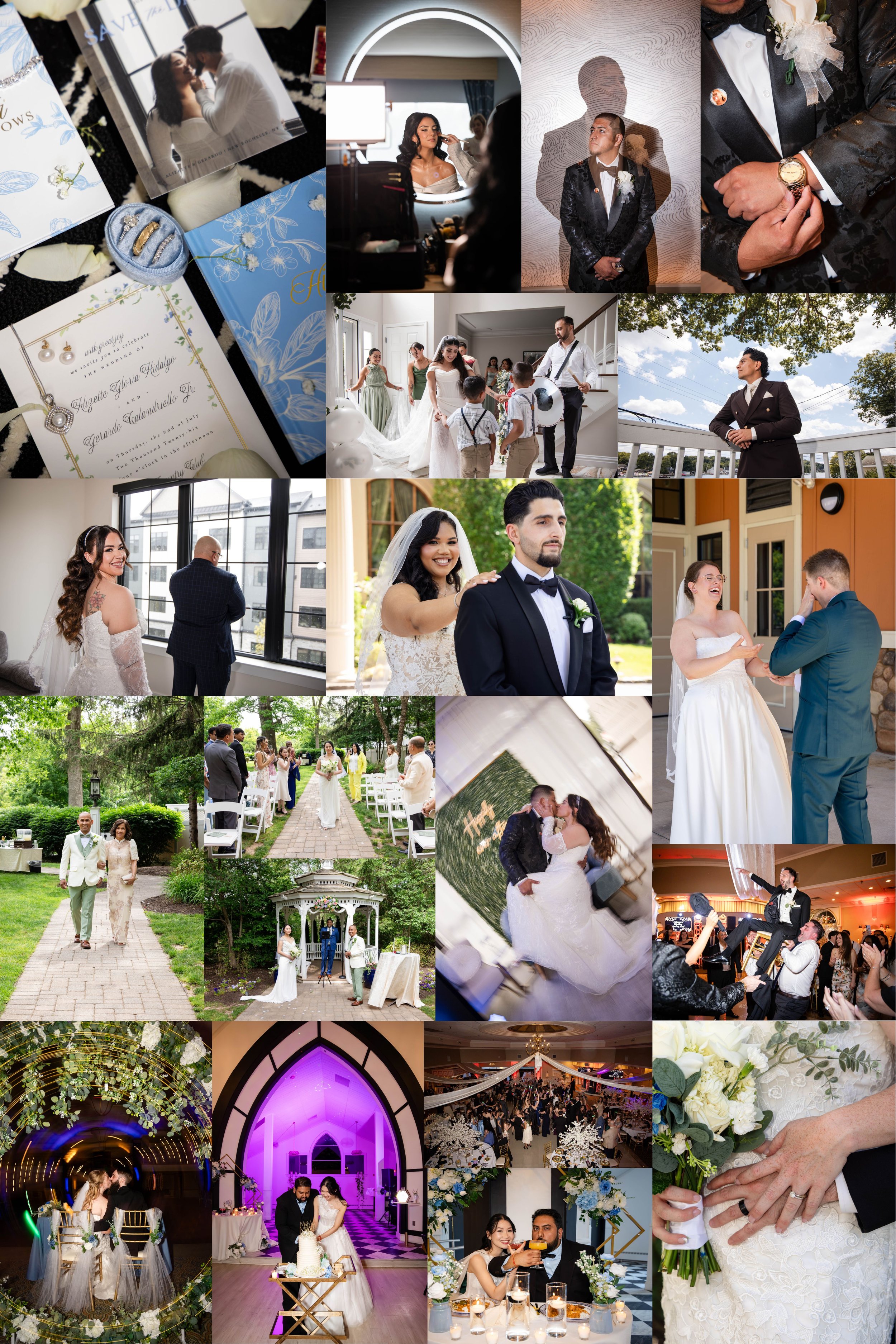 A collage of photos from a wedding celebration, including scenes of the bride and groom, wedding party, guests, ceremony, and reception with decorated venues and floral arrangements.