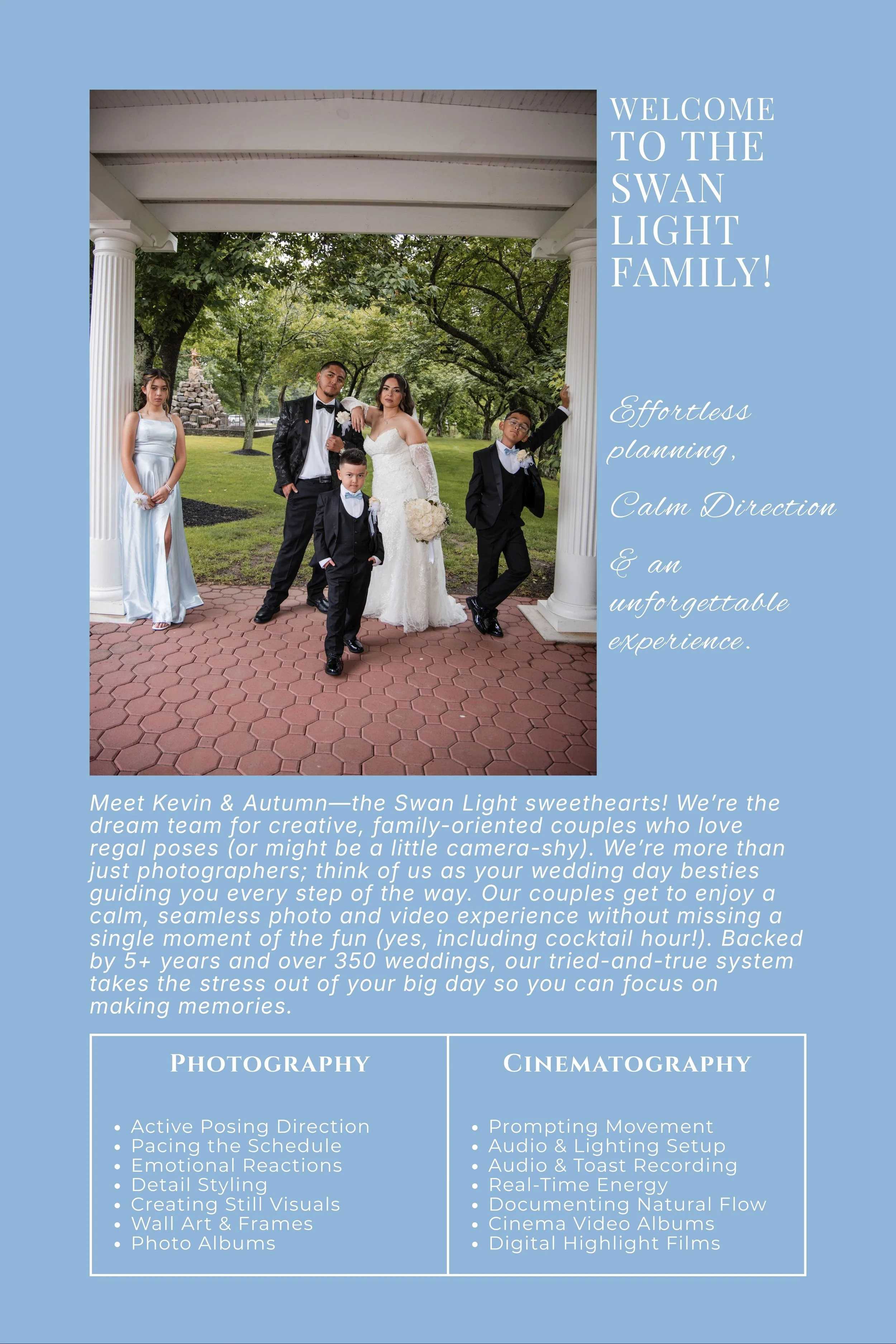 A wedding couple and three children posing outside under a white pavilion with columns, surrounded by trees and green grass. The bride is in a white wedding dress holding a bouquet, and the groom and children are in formal black suits.