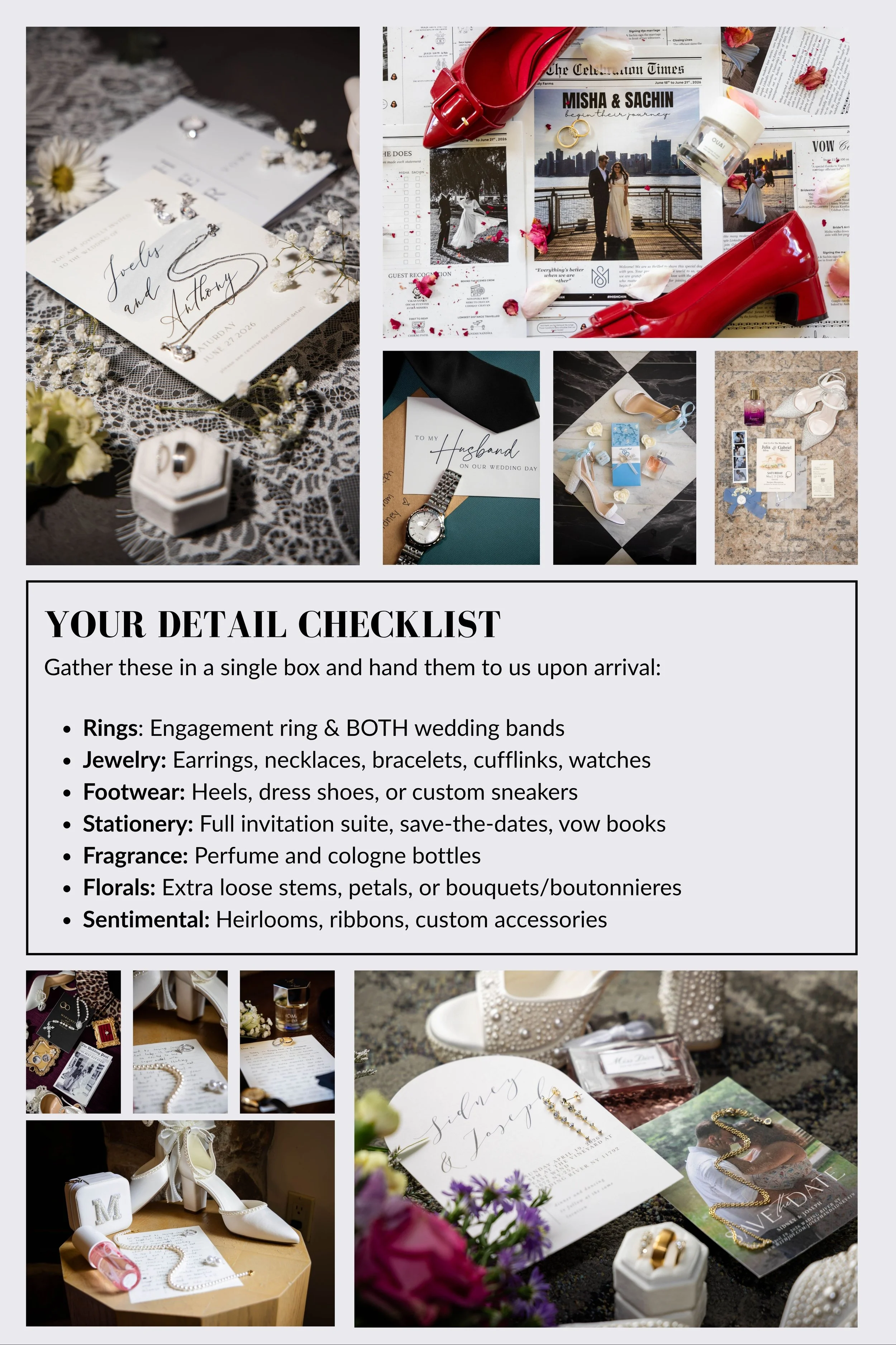 Wedding details and accessories including rings, jewelry, footwear, stationery, fragrances, florals, and sentimental items arranged for preparation or display.