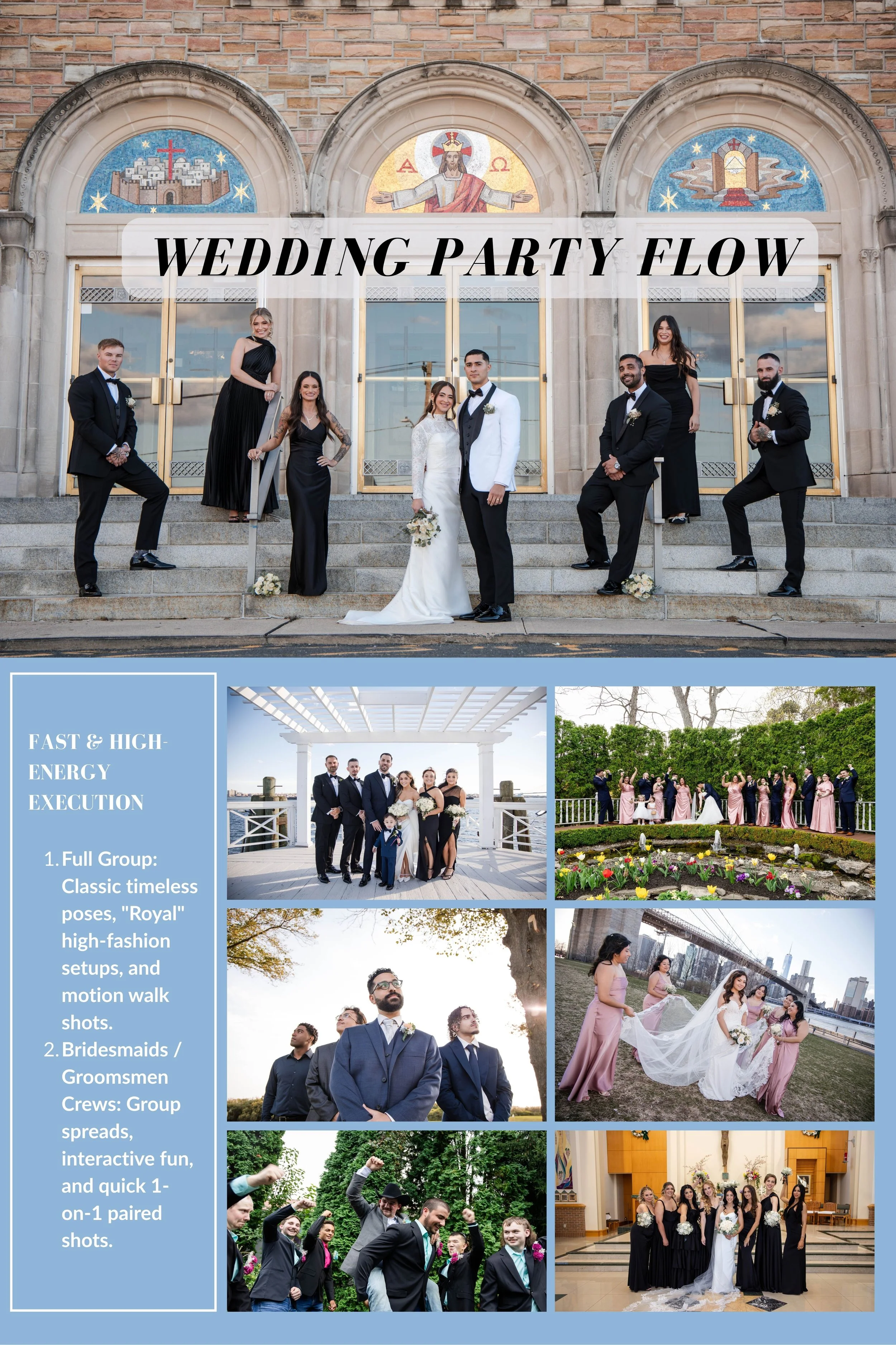 A group of wedding party members, including bridesmaids, groomsmen, and the bride and groom, posing outside a church with religious mosaics above the entrance, dressed in formal attire, for wedding photos.