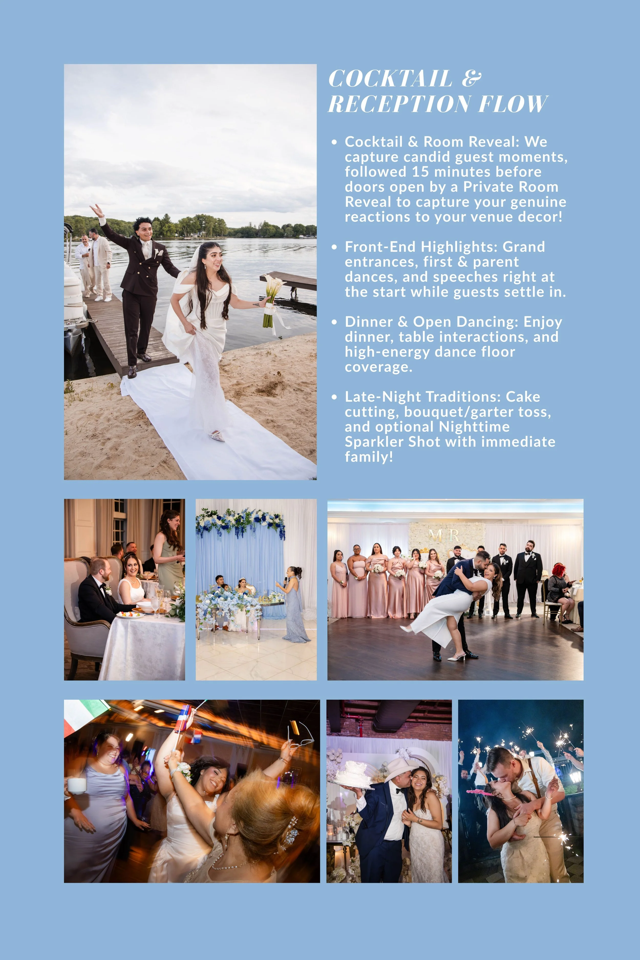 A bride in a white wedding dress holding a bouquet and a groom in a black tuxedo dancing on a beach during a wedding celebration, with guests and a dock visible in the background.