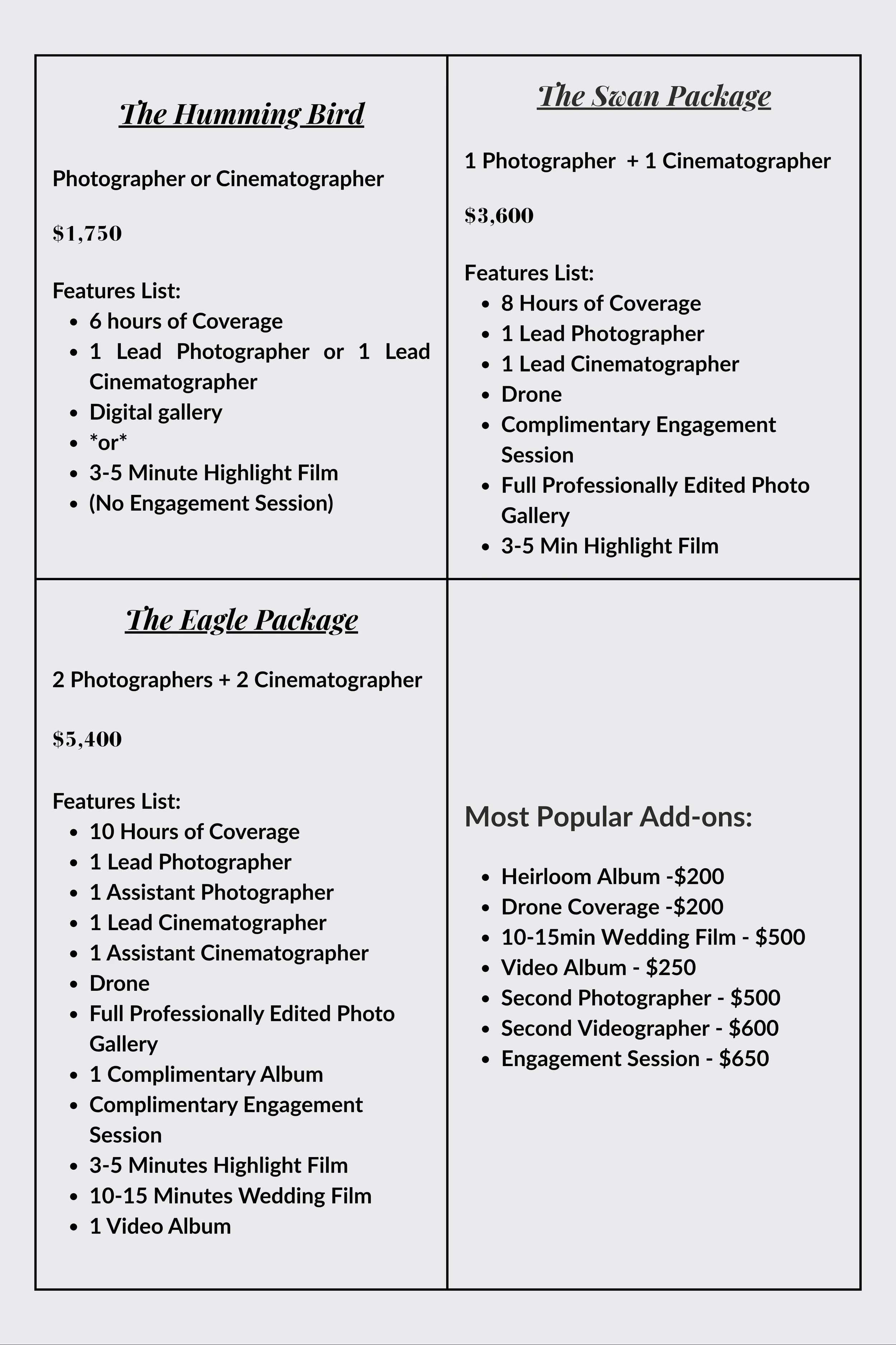 Pricing and features list for various photography and videography packages, including The Humming Bird, The Swan Package, The Eagle Package, and additional add-ons like heirloom albums, drone coverage, wedding films, and engagement sessions.