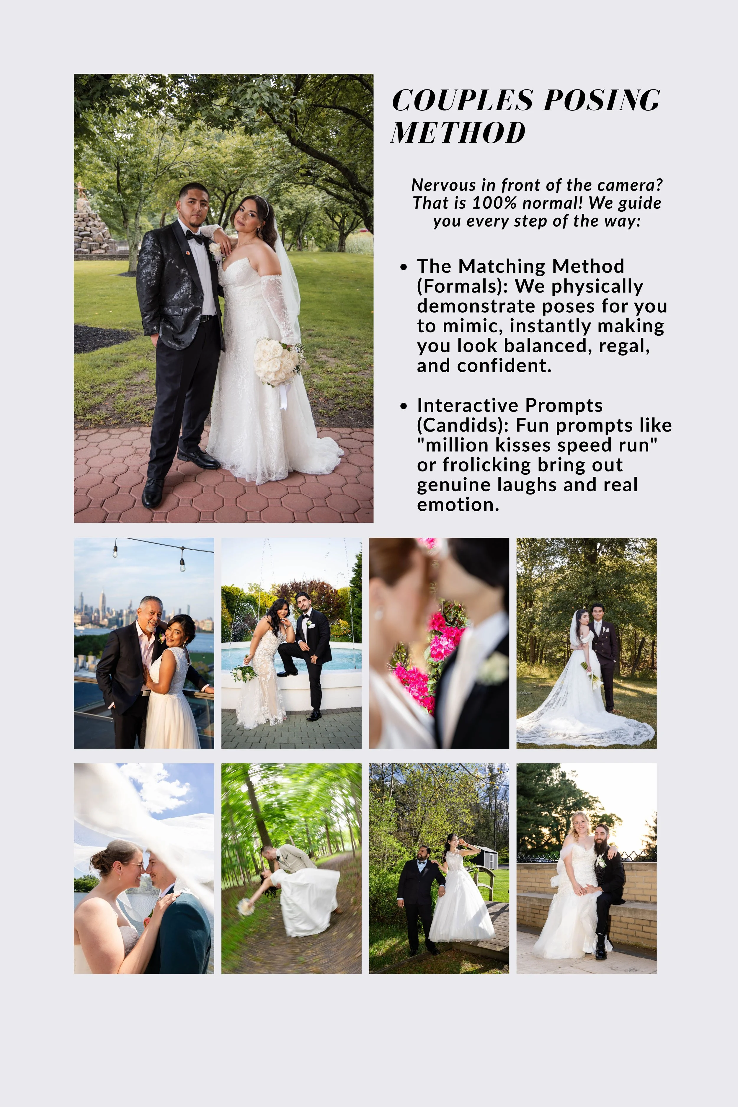 A wedding couple in formal attire standing outdoors in a park surrounded by green trees, with the bride in a white wedding dress holding a bouquet and the groom in a black tuxedo, both looking at the camera.