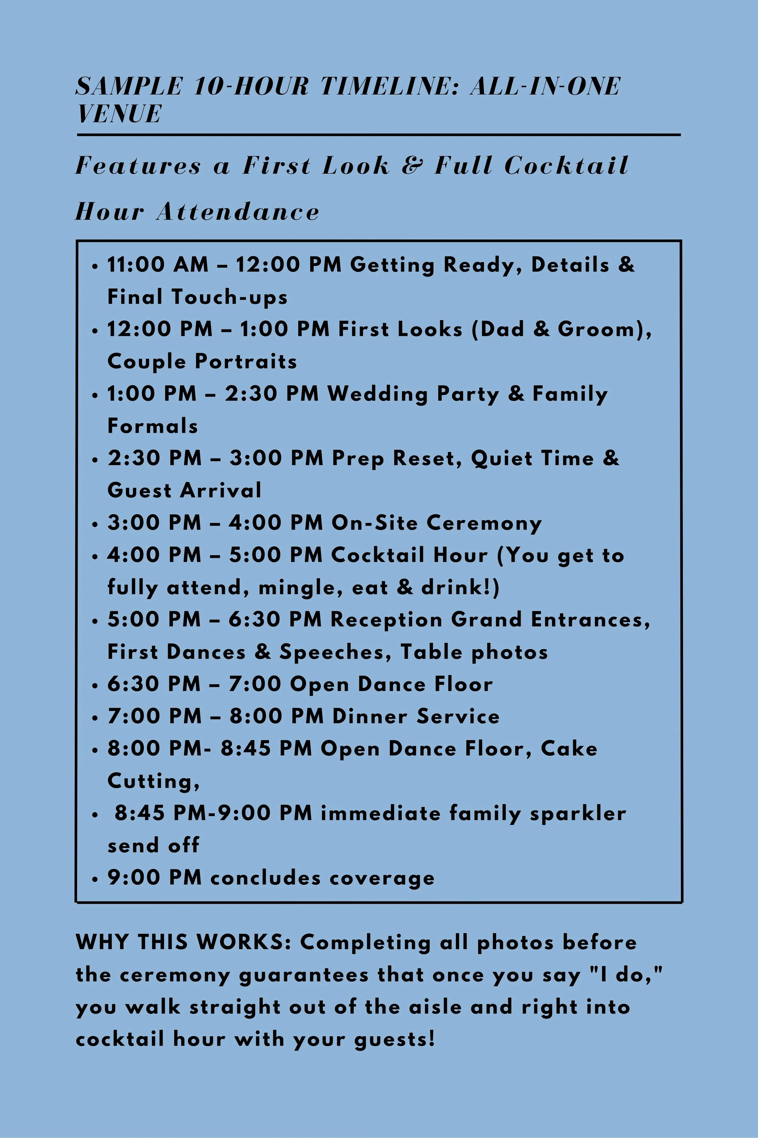 Sample 10-hour event schedule with times and descriptions for a wedding or celebration, set against a light blue background.