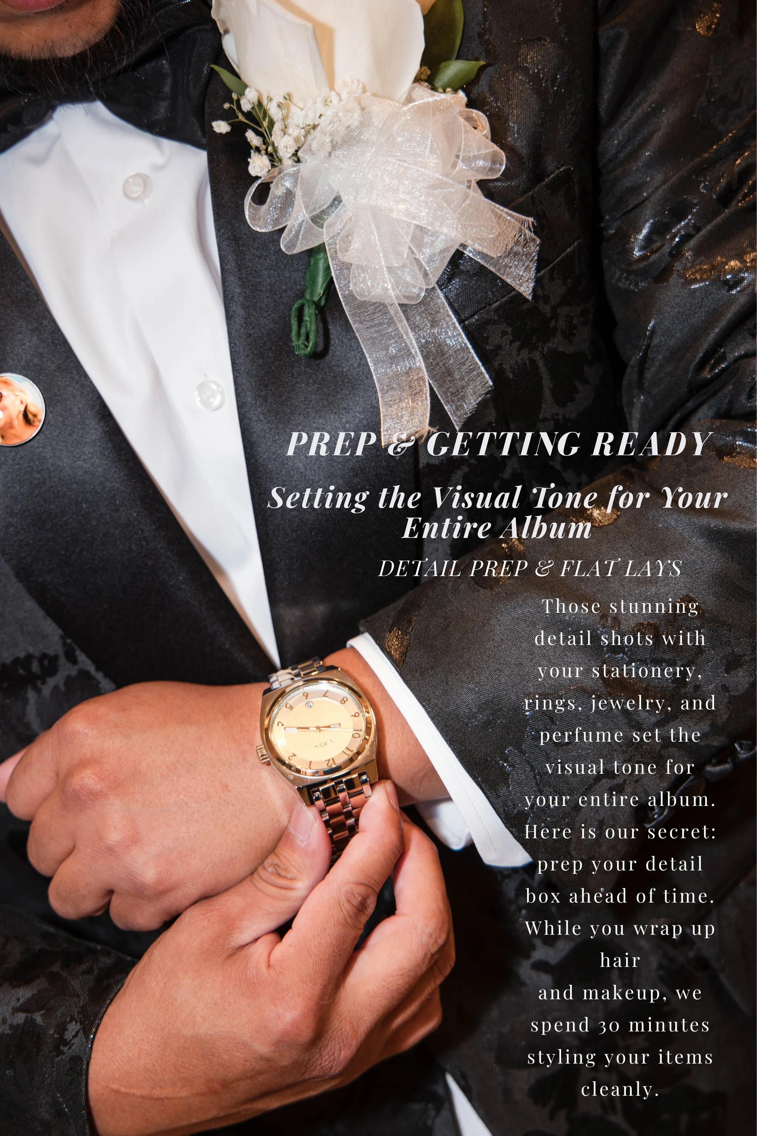 Close-up of a person adjusting a silver wristwatch while dressed in a black tuxedo with a boutonniere and white shirt.