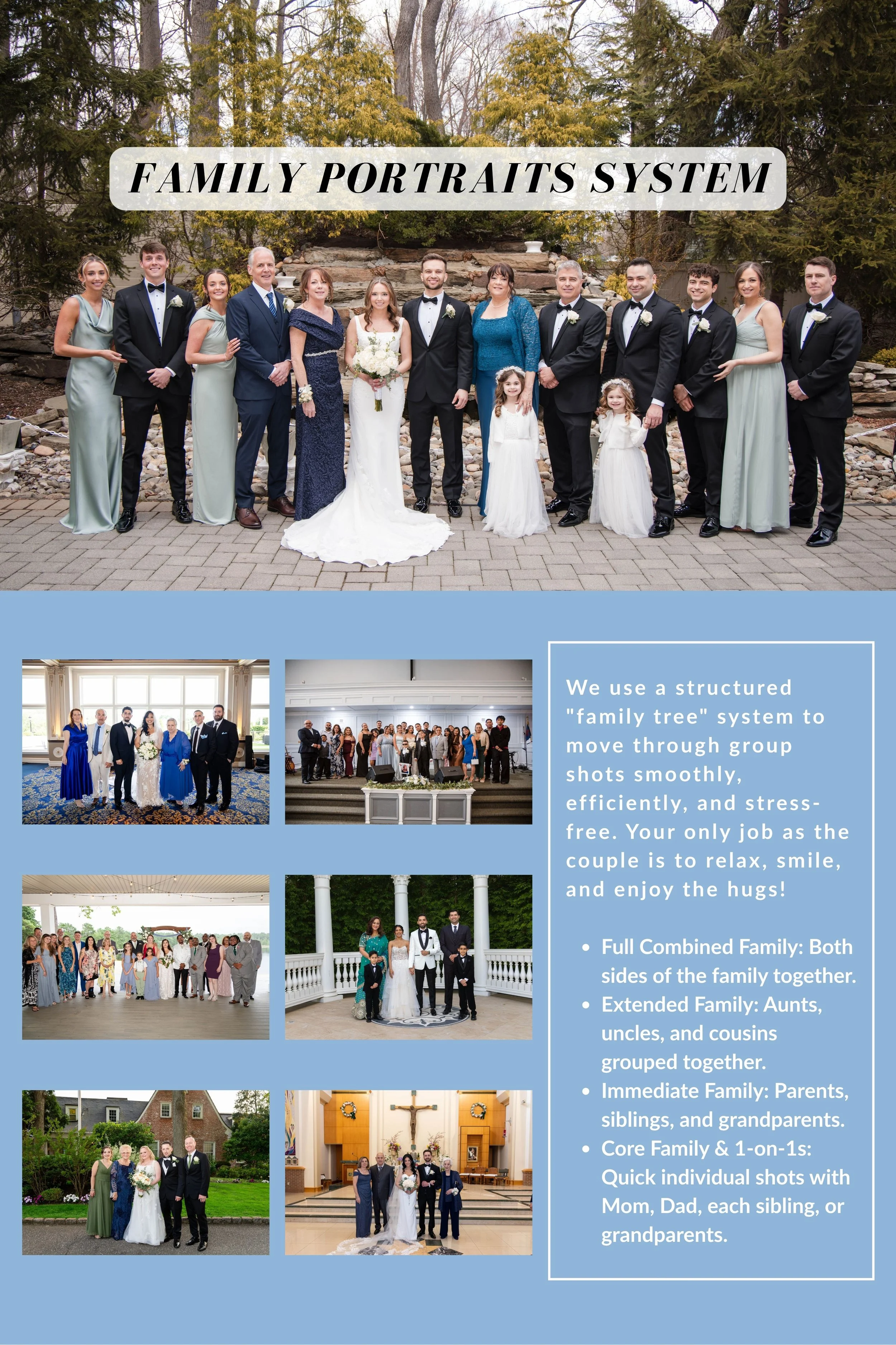 A large family group photo taken outdoors during a wedding, with people dressed in formal attire, standing in front of a rocky landscape with trees in the background.