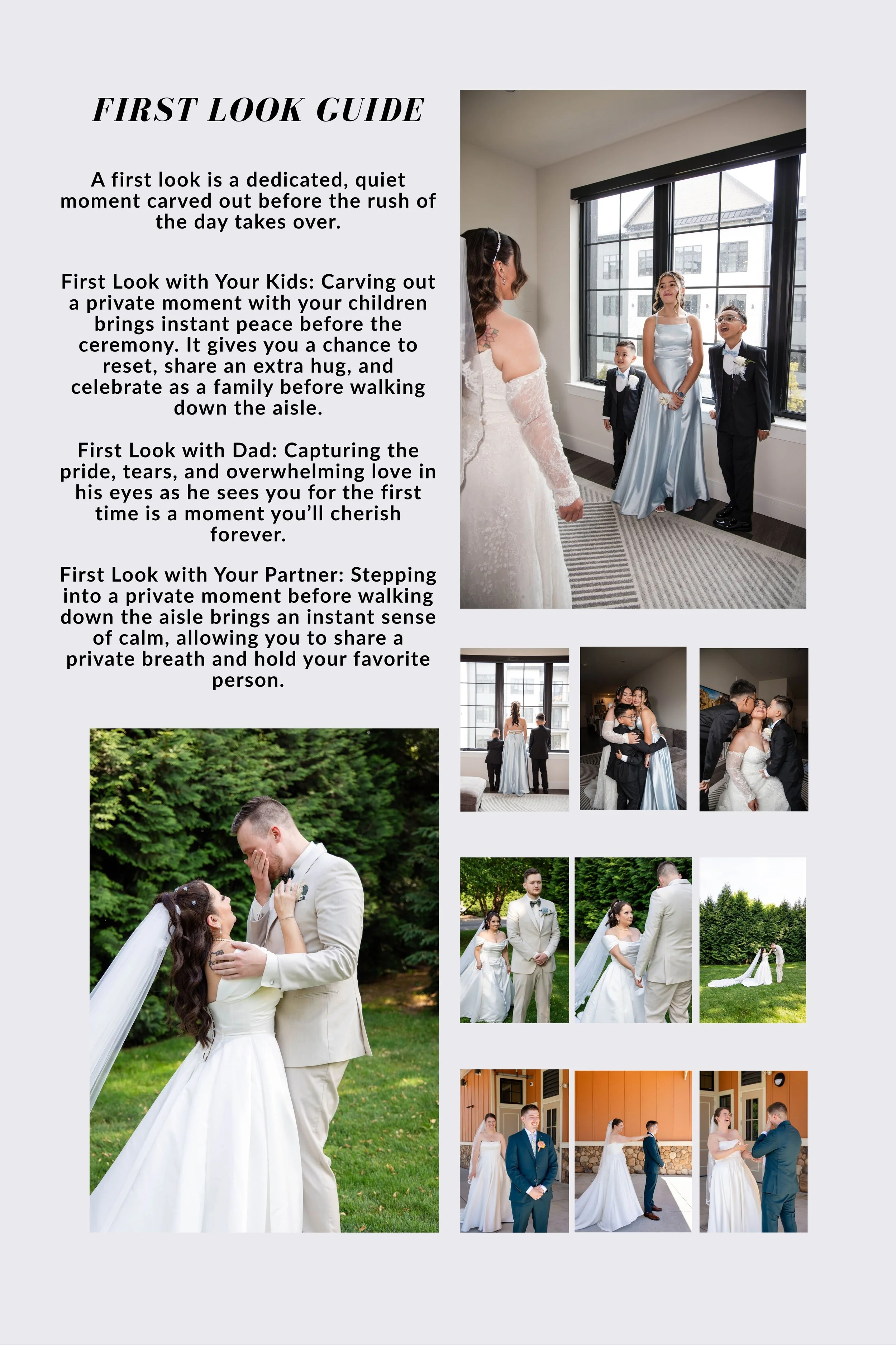 A bridal party and family in various scenes at a wedding, including a bride looking at her groom outdoors, a couple exchanging vows outside, and guests mingling and taking photos.