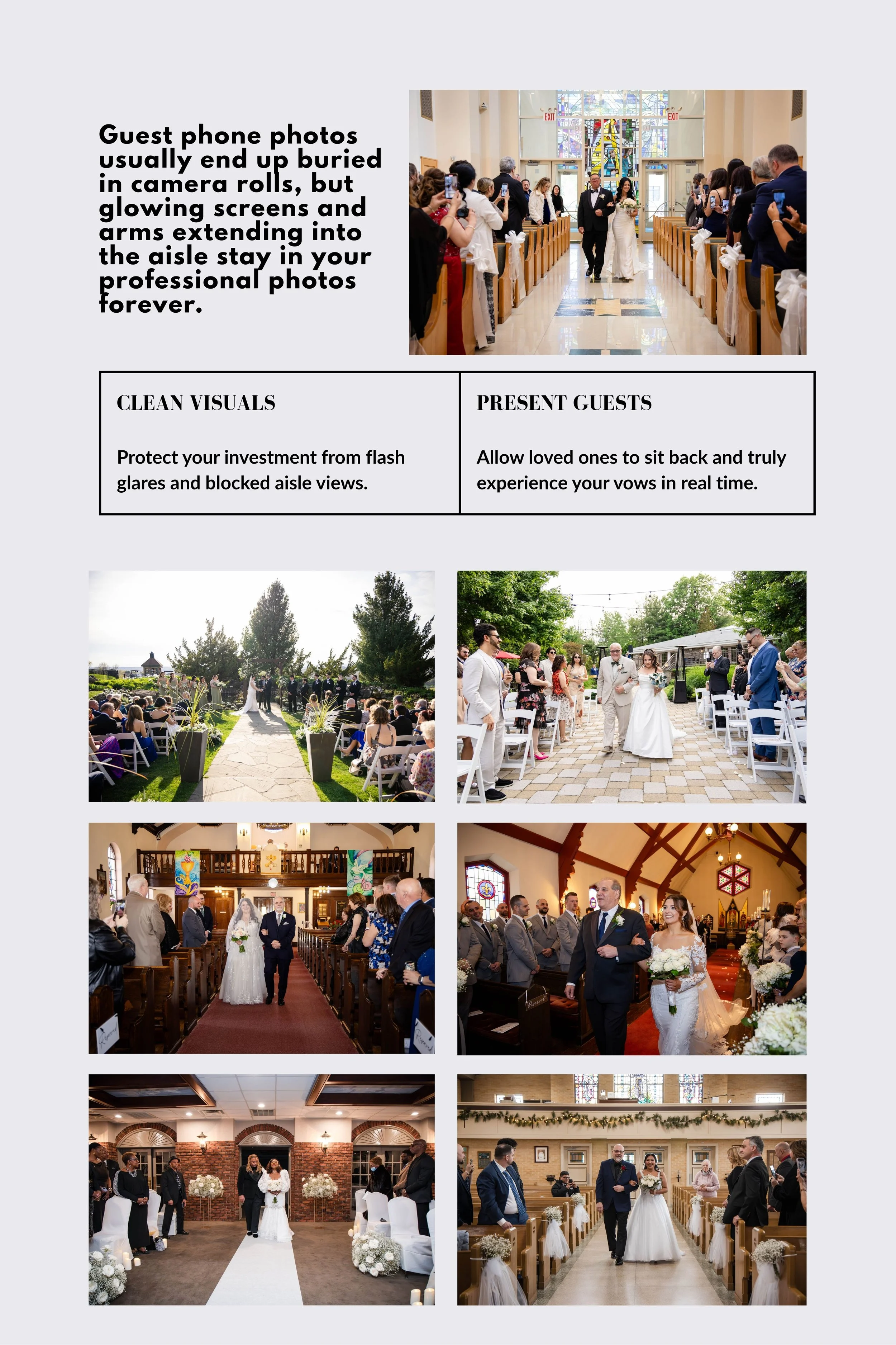 Sequence of four wedding ceremony photos. Top right: Bride and groom walking down aisle in church filled with guests taking photos. Middle left: Outdoor wedding with guests seated, bride and groom walking down aisle lined with flowers. Middle right: Bride and groom walking down aisle inside church decorated with flowers. Bottom left: Bride and groom at altar with guests, floral arrangements, and candle decorations. Bottom right: Bride and groom walking down aisle inside church decorated with flowers and candles.