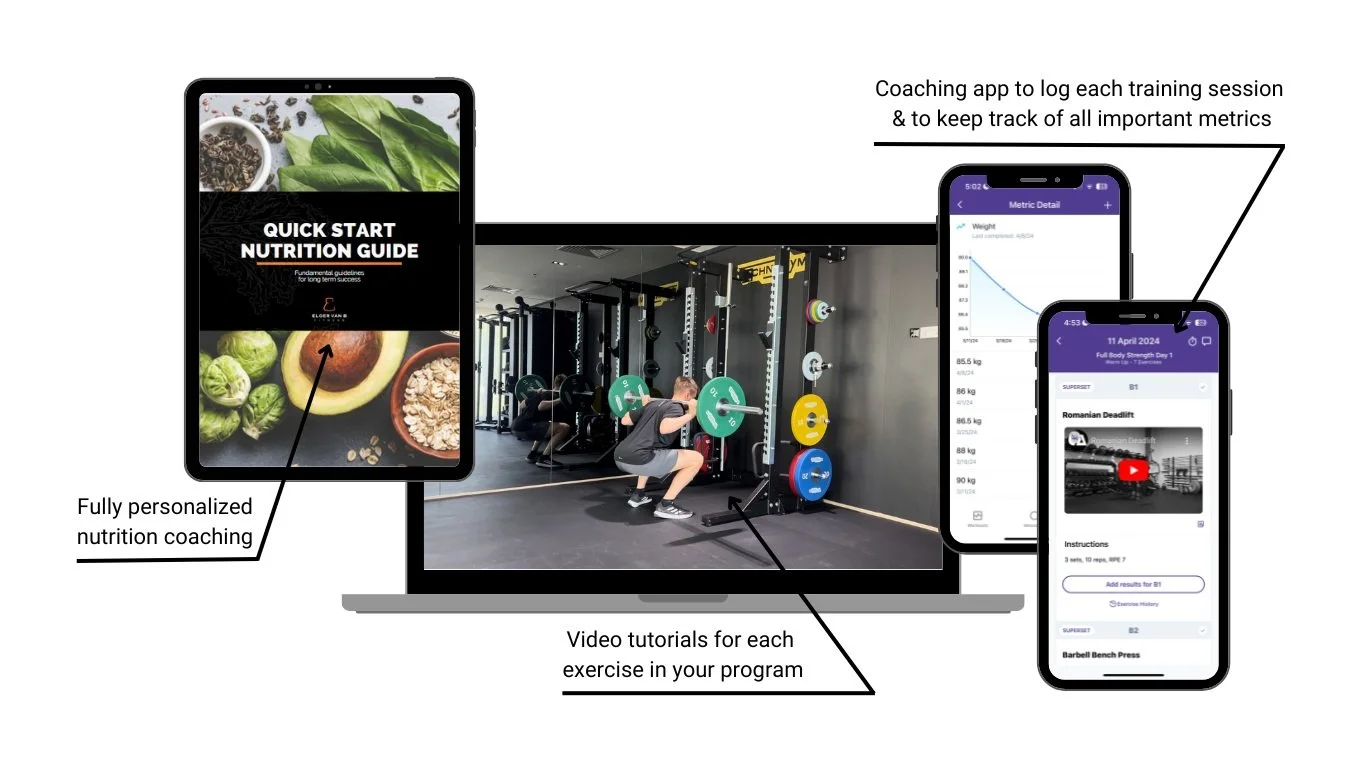 Smartphone displaying a nutrition guide and coaching app, a person lifting weights in a gym, and another smartphone showing fitness metrics and instructional videos, illustrating a fitness and nutrition coaching program.