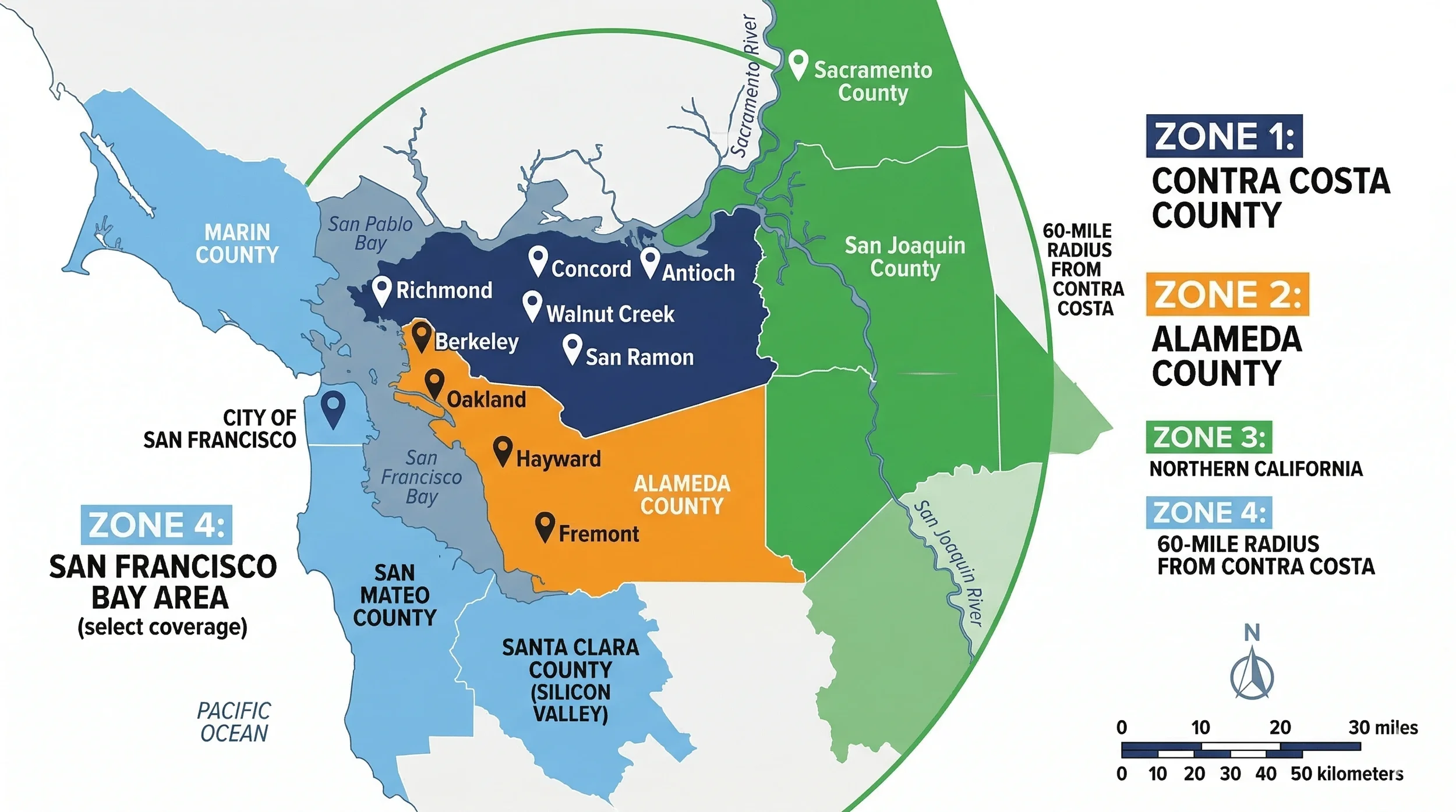 Bay Area commercial junk removal service coverage map showing Contra Costa County Alameda County and Northern California zones