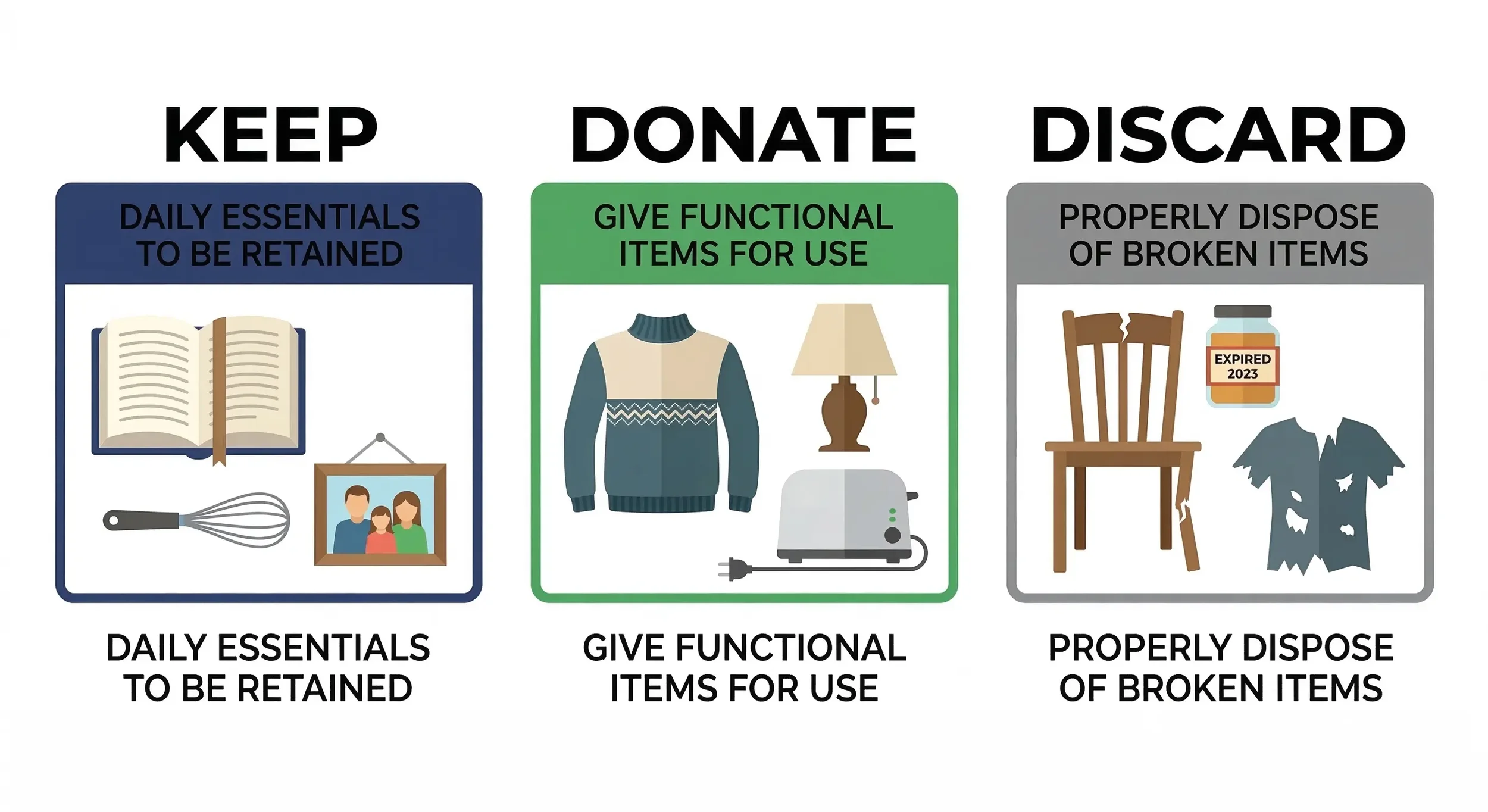 Three-category decluttering sort diagram showing Keep Donate and Discard decision system for Bay Area homes