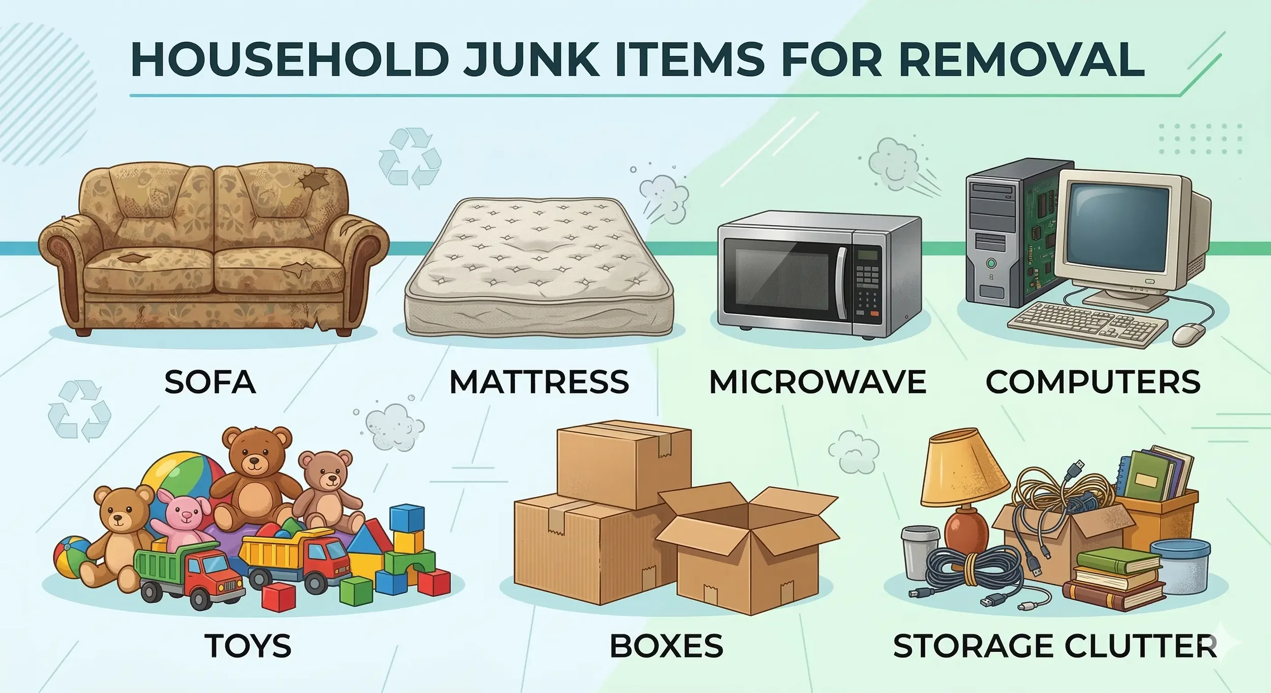 Illustration of household junk items Clark’s Haul removes including furniture, appliances, electronics, and clutter