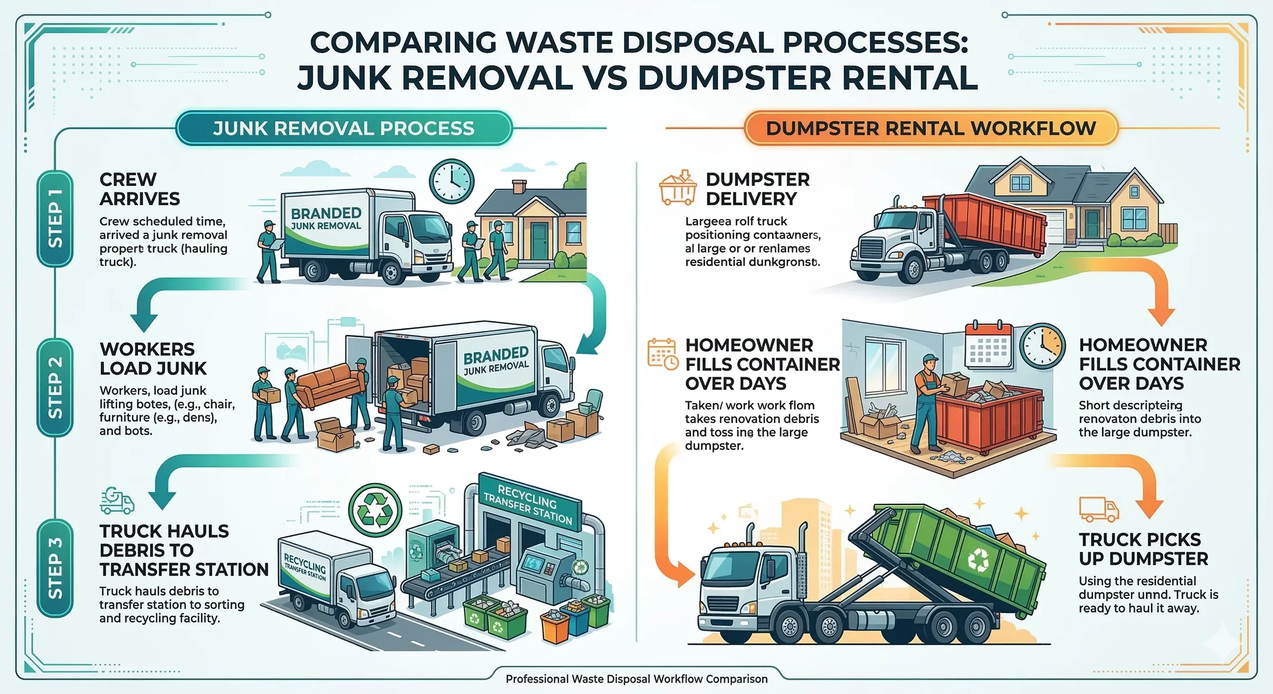 junk removal vs dumpster rental loading and hauling process diagram