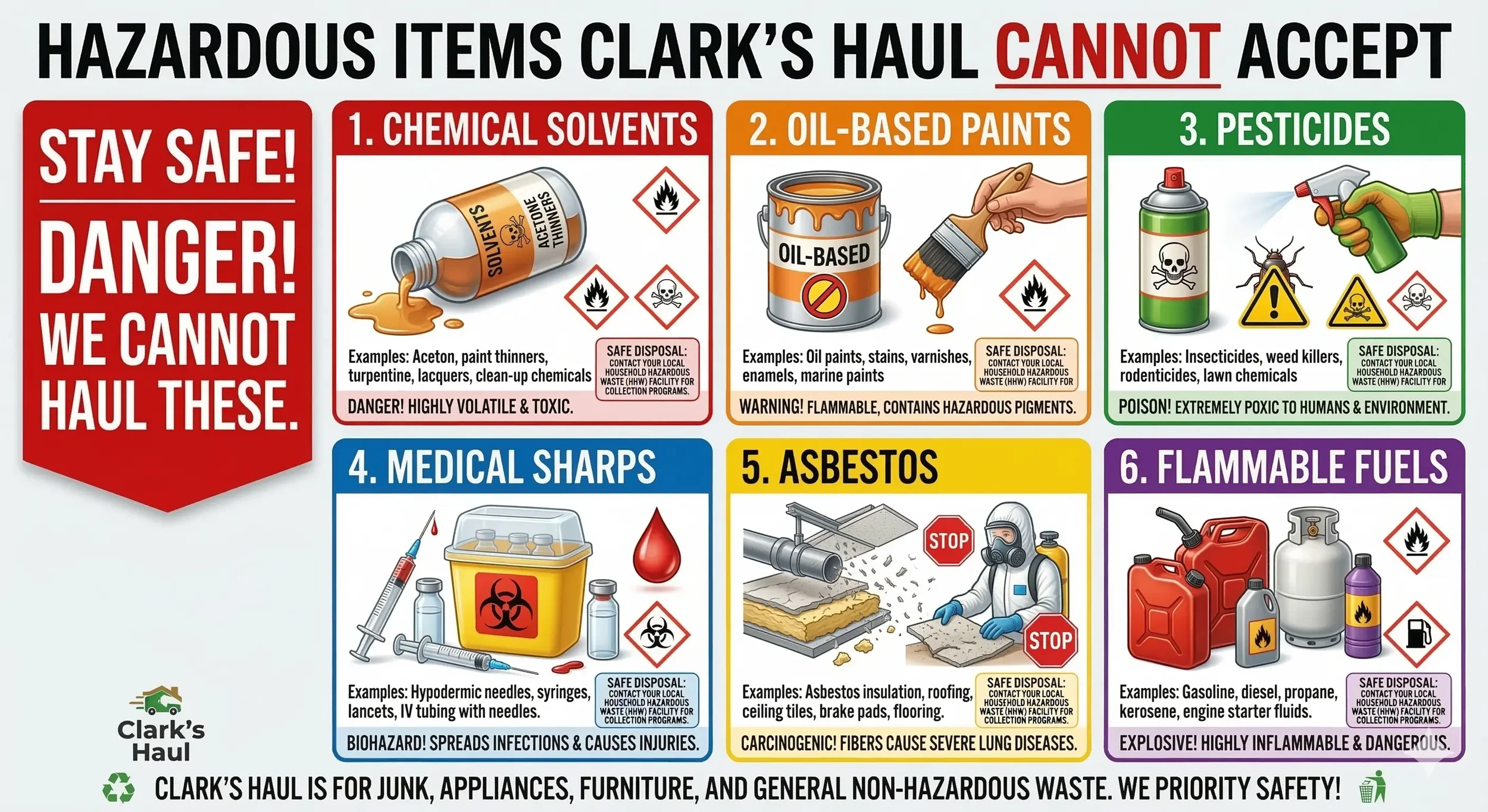 Hazardous items Clark’s Haul cannot take including chemicals, paints, medical waste, asbestos, and flammable materials