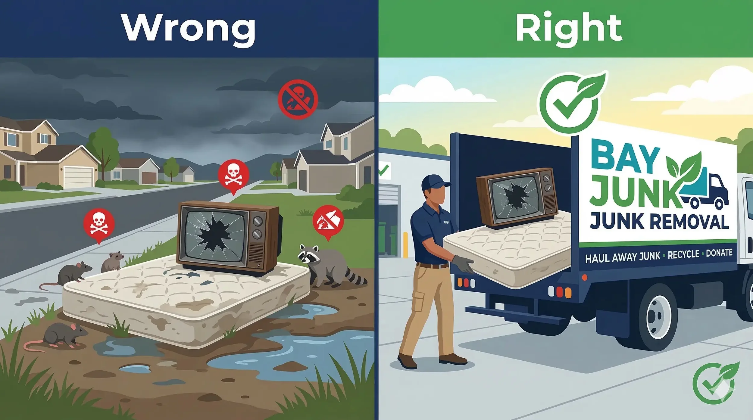 Side-by-side illustration showing improper mattress dumping consequences versus responsible recycling drop-off in Contra Costa