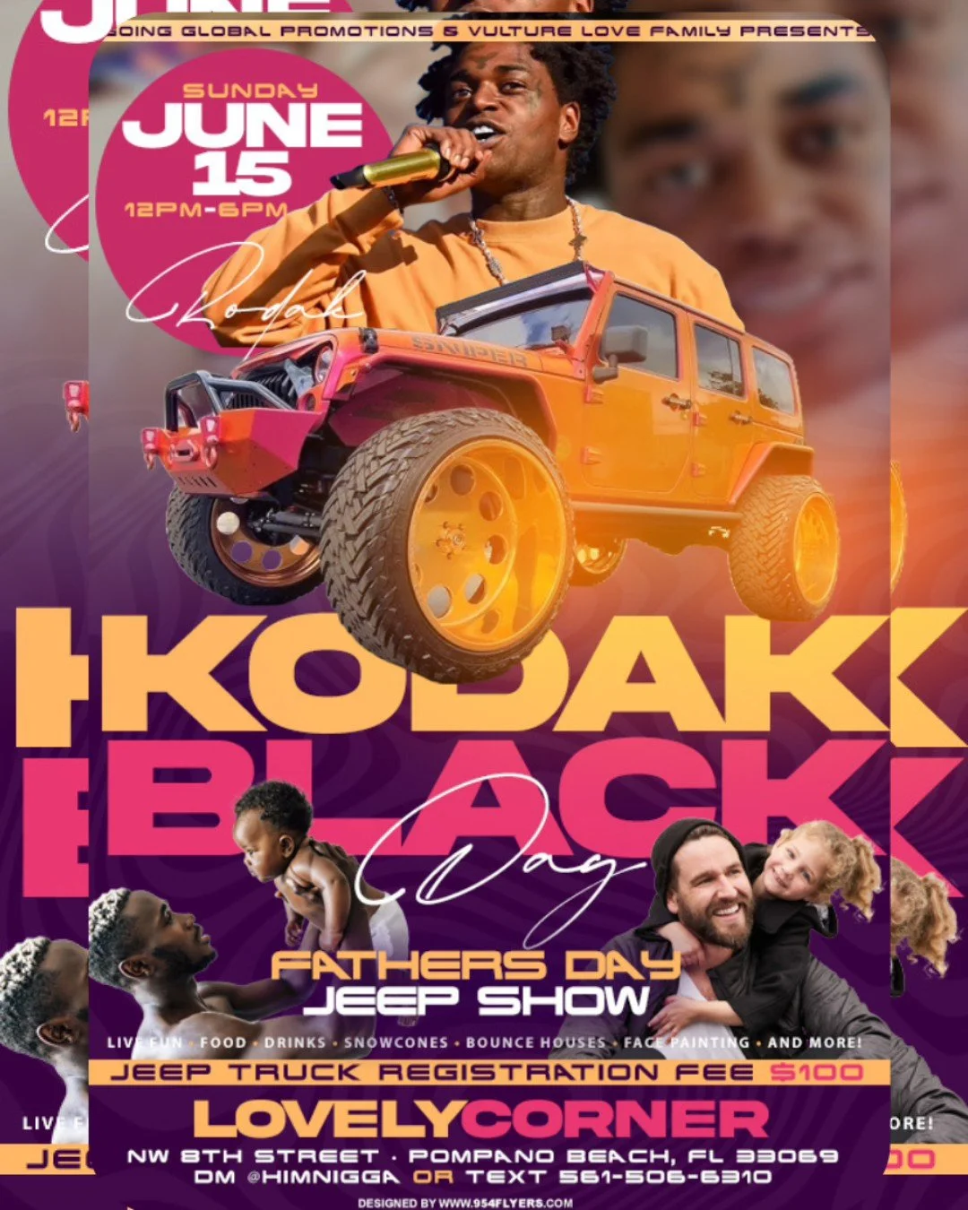 Ayeee it&rsquo;s up for Father&rsquo;s Day!! 😤💯
@kodakblack poppin&rsquo; out + a whole Jeep show 🚙🔥

Food, drank, bounce houses, face paintin&rsquo;, snowcones, allat&mdash;

bring the fam, bring the vibes 🖤

Jeep registration $100 &mdash; lock