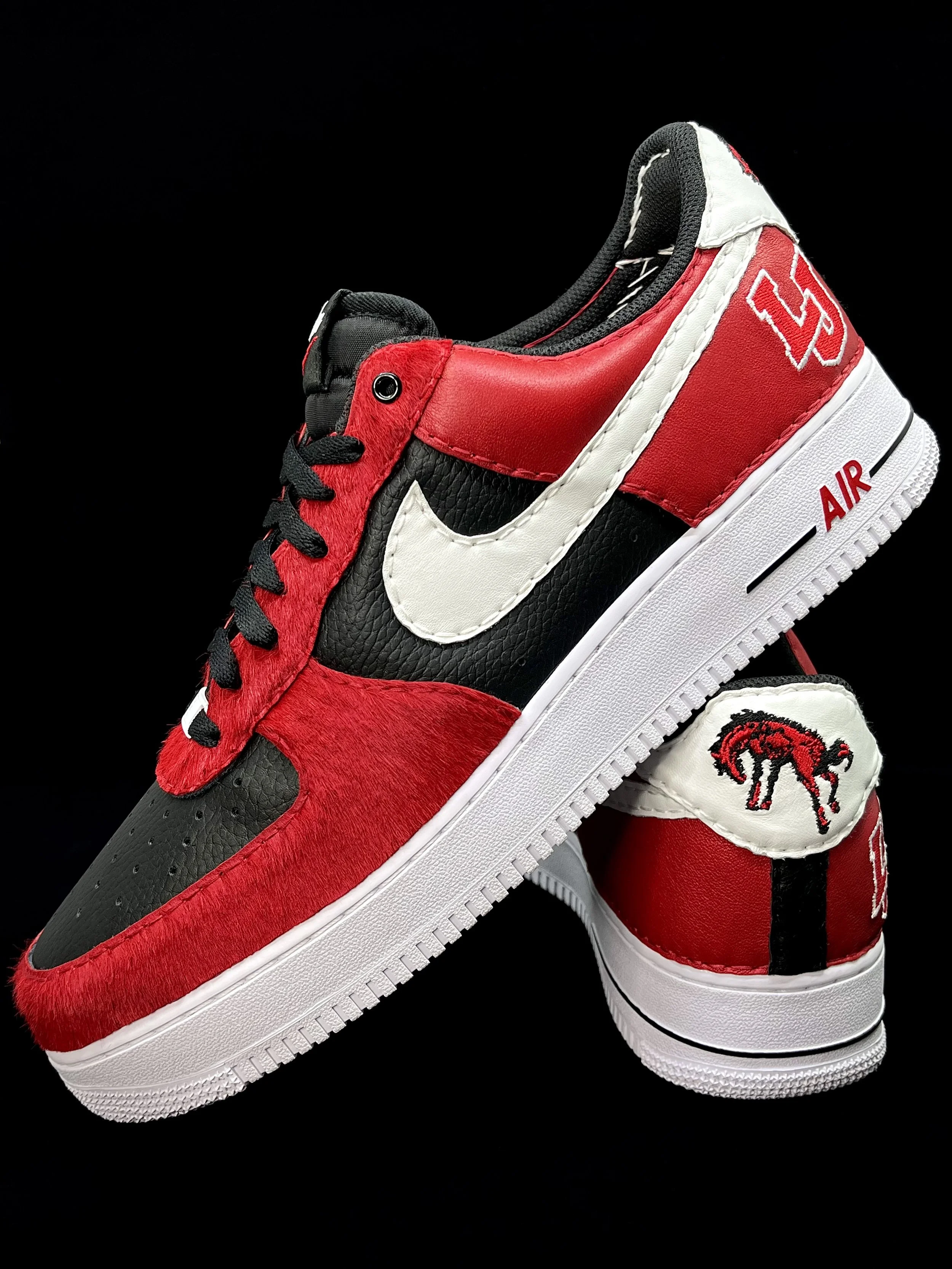 "Bronchos" - Nike Air Force 1 for Lafayette Jefferson High School. Leathers used: Red Pony with Black, Red, & White Amalfi Lambskin.