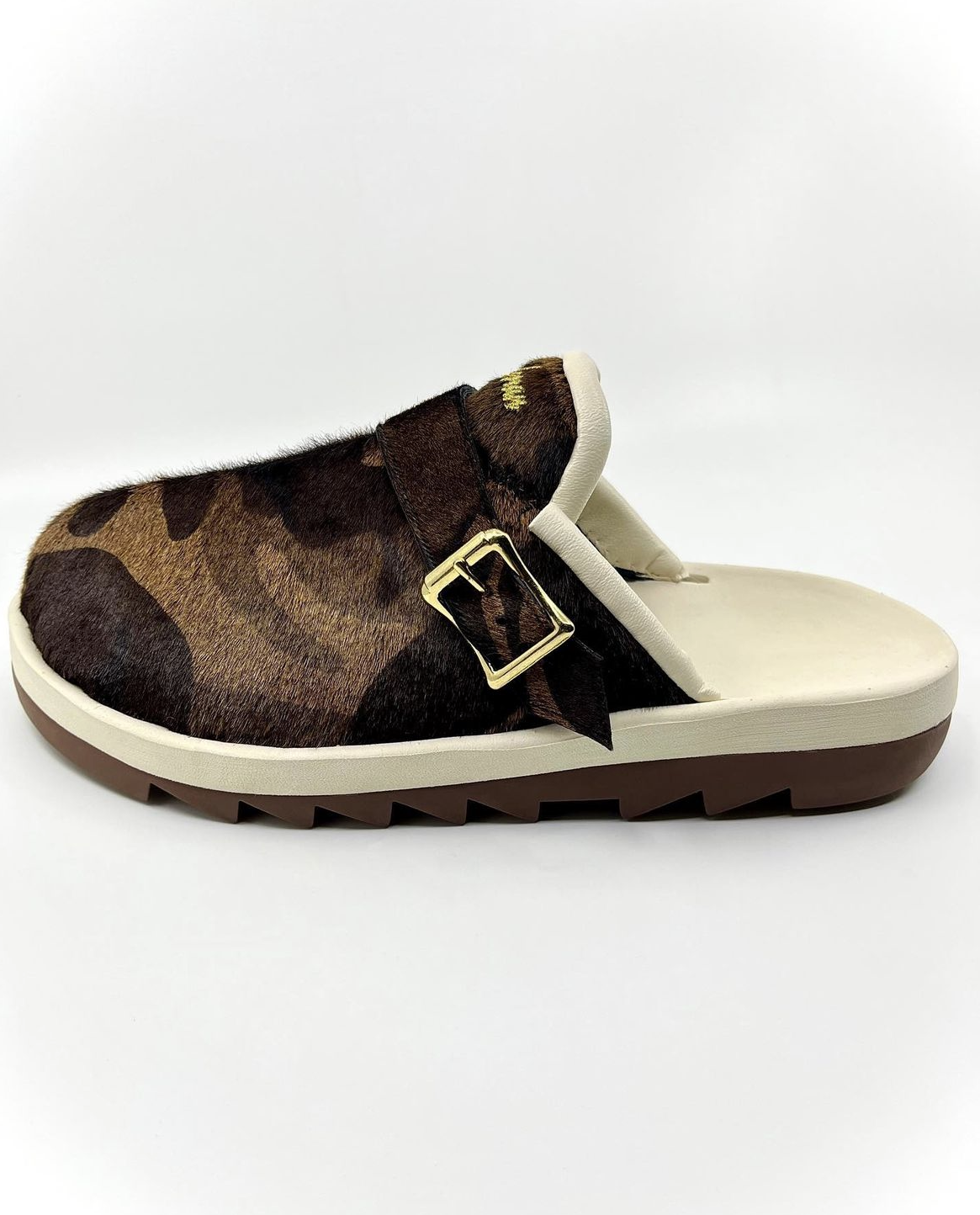 The Camo Collier Sandal. Handmade with genuine pony hair and Amalfi lambskin for the trim.