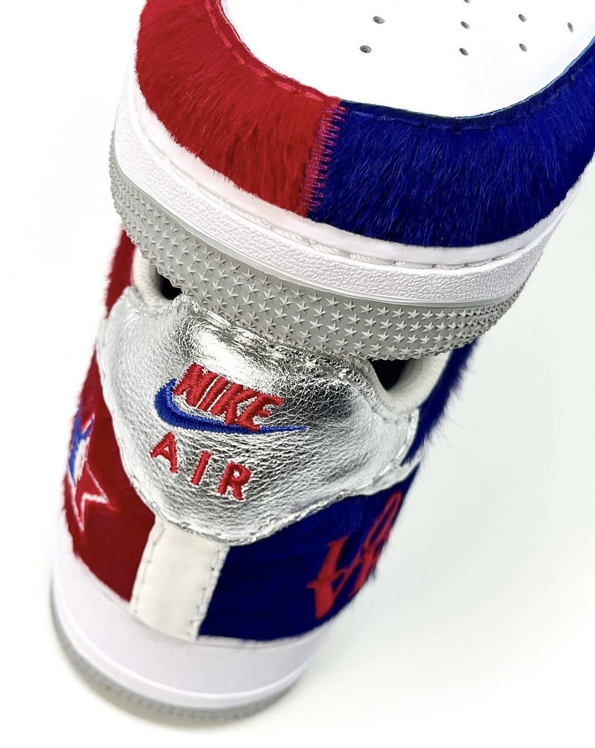 "Money Ball" Nike Air Force 1 for the 2024 NBA All Star Game in Indianapolis. Leathers used: Red Pony, Zaffre Pony, Silver Metallic Tumbled.