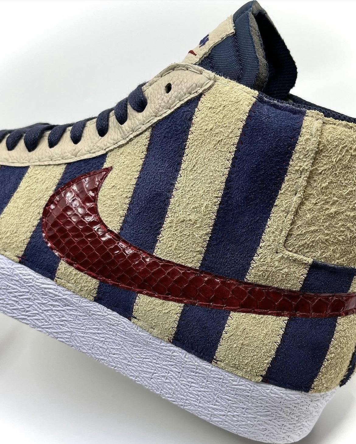 "Hiroshuēma" Nike SB Blazer Mid for Shue Clothing Co. Leathers used: Sand Suede, Navy Suede, Tan Tumbled, & Maroon Python.
